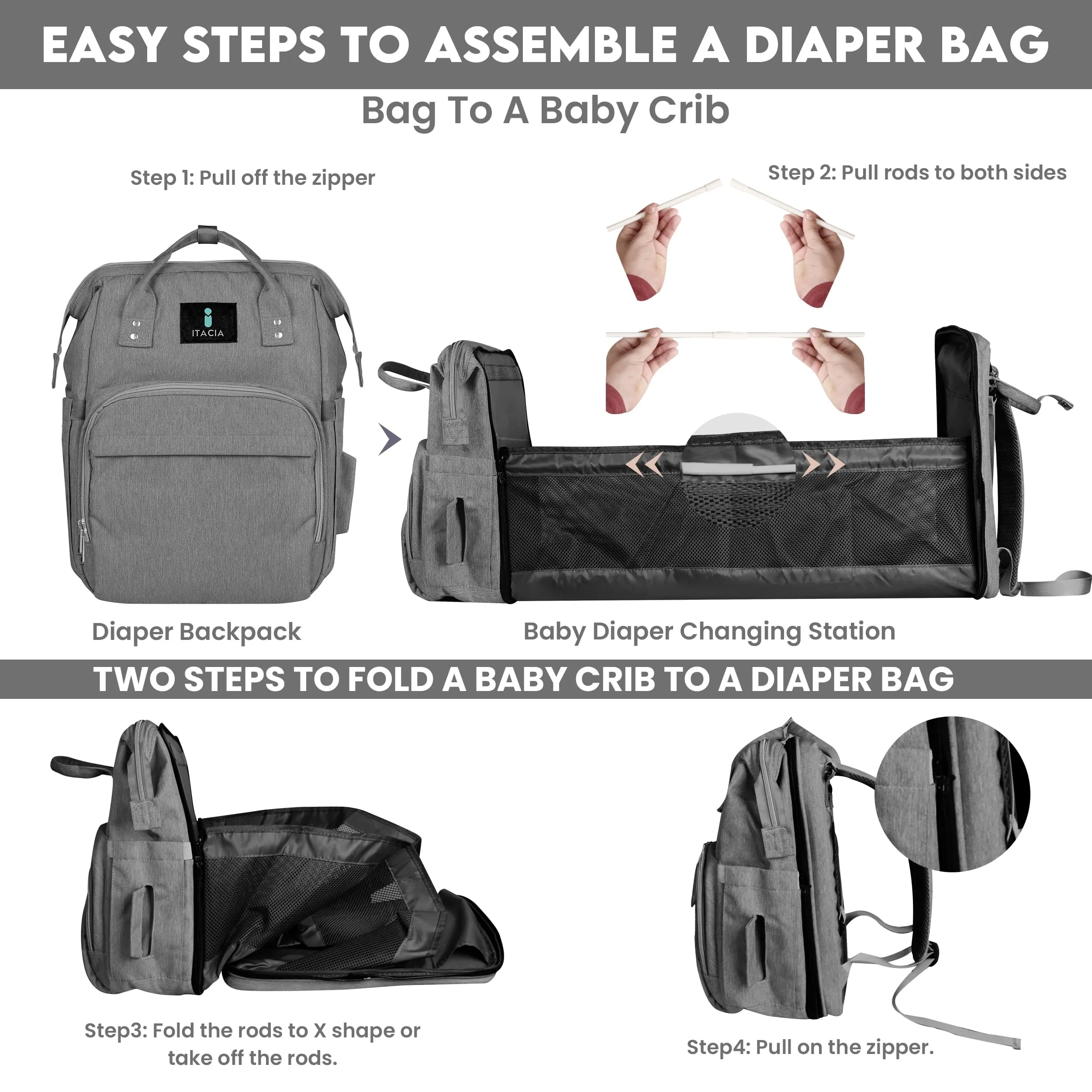 DB231-ITACIA Baby Diaper Bag Backpack With Changing Station-Grey