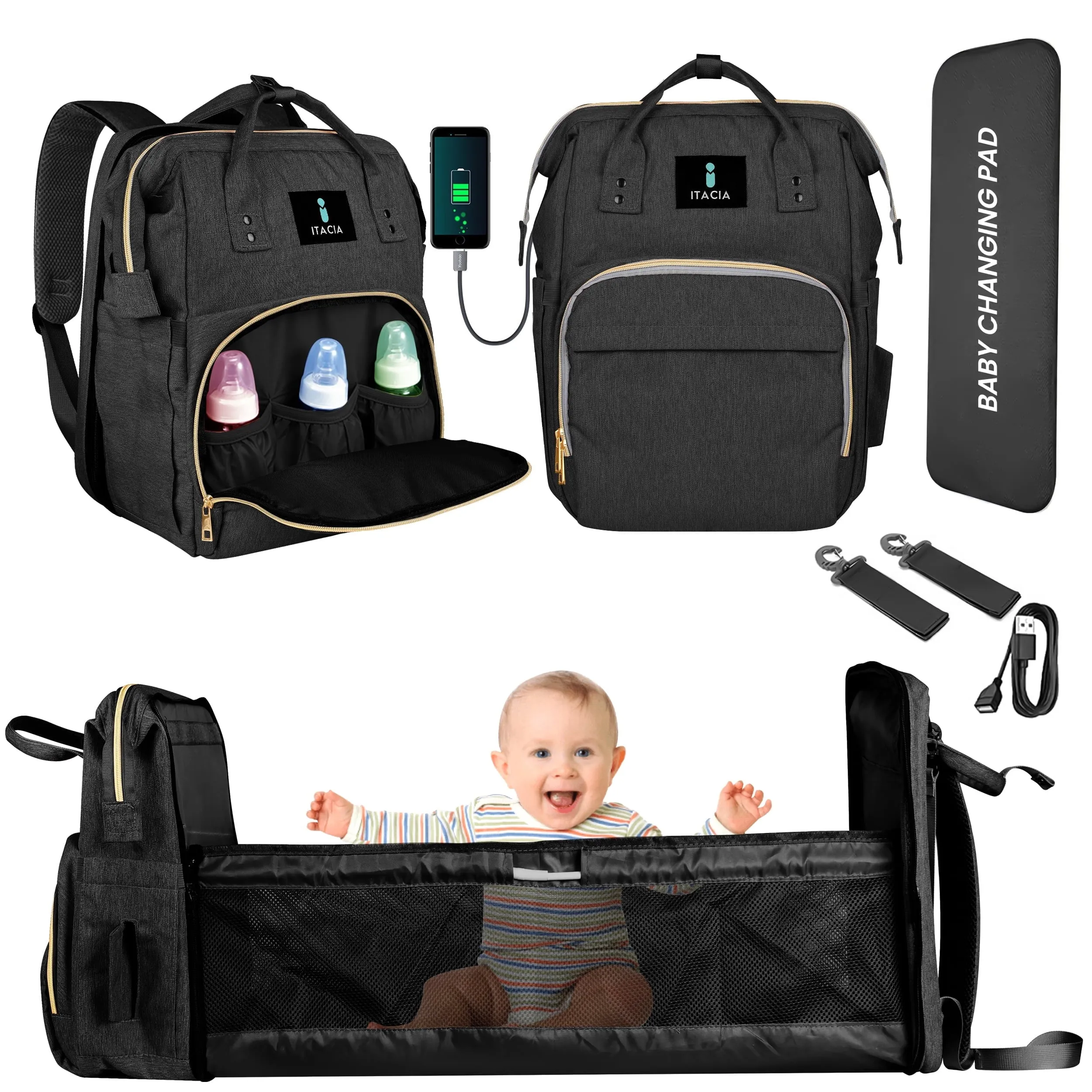 DB232-ITACIA Baby Diaper Bag Backpack With Changing Station-Black