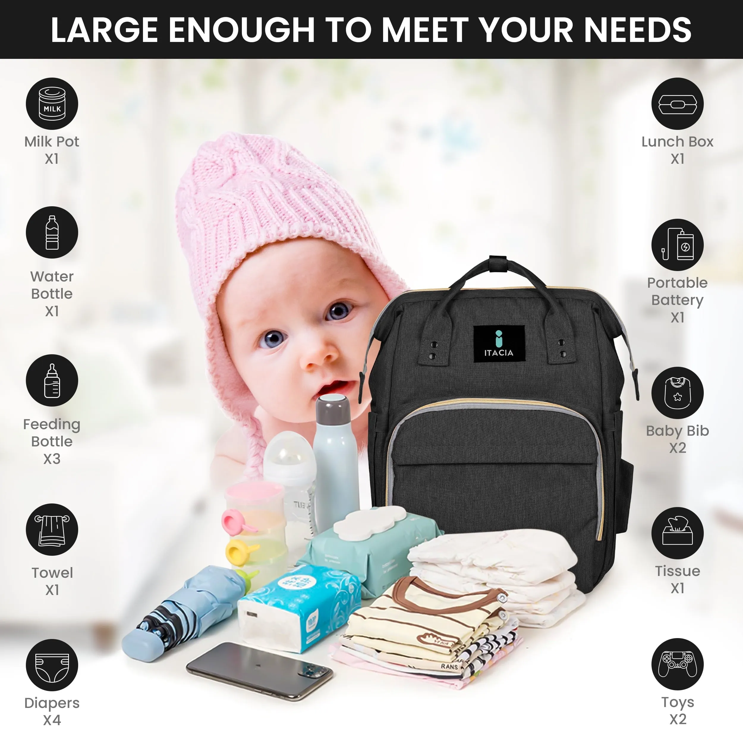 DB232-ITACIA Baby Diaper Bag Backpack With Changing Station-Black