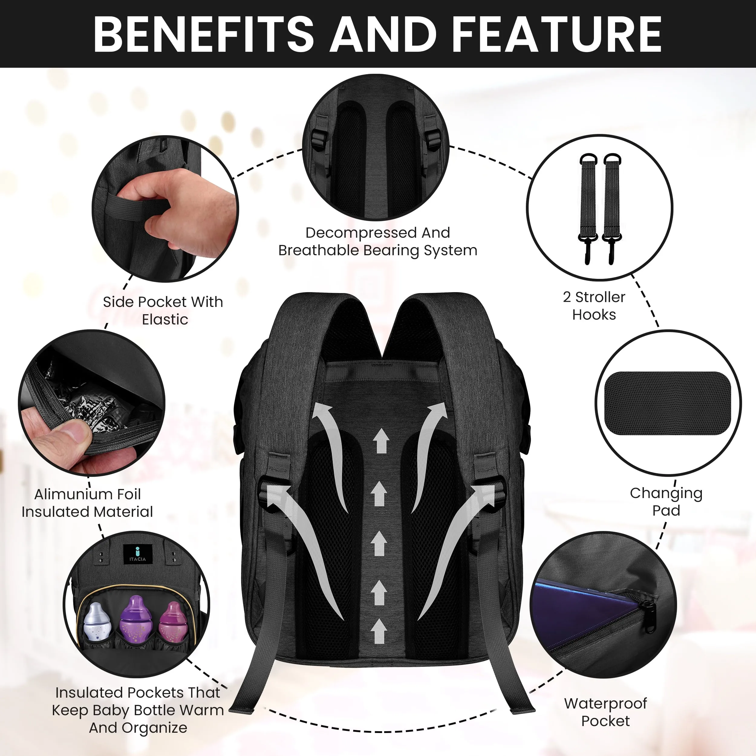 DB232-ITACIA Baby Diaper Bag Backpack With Changing Station-Black