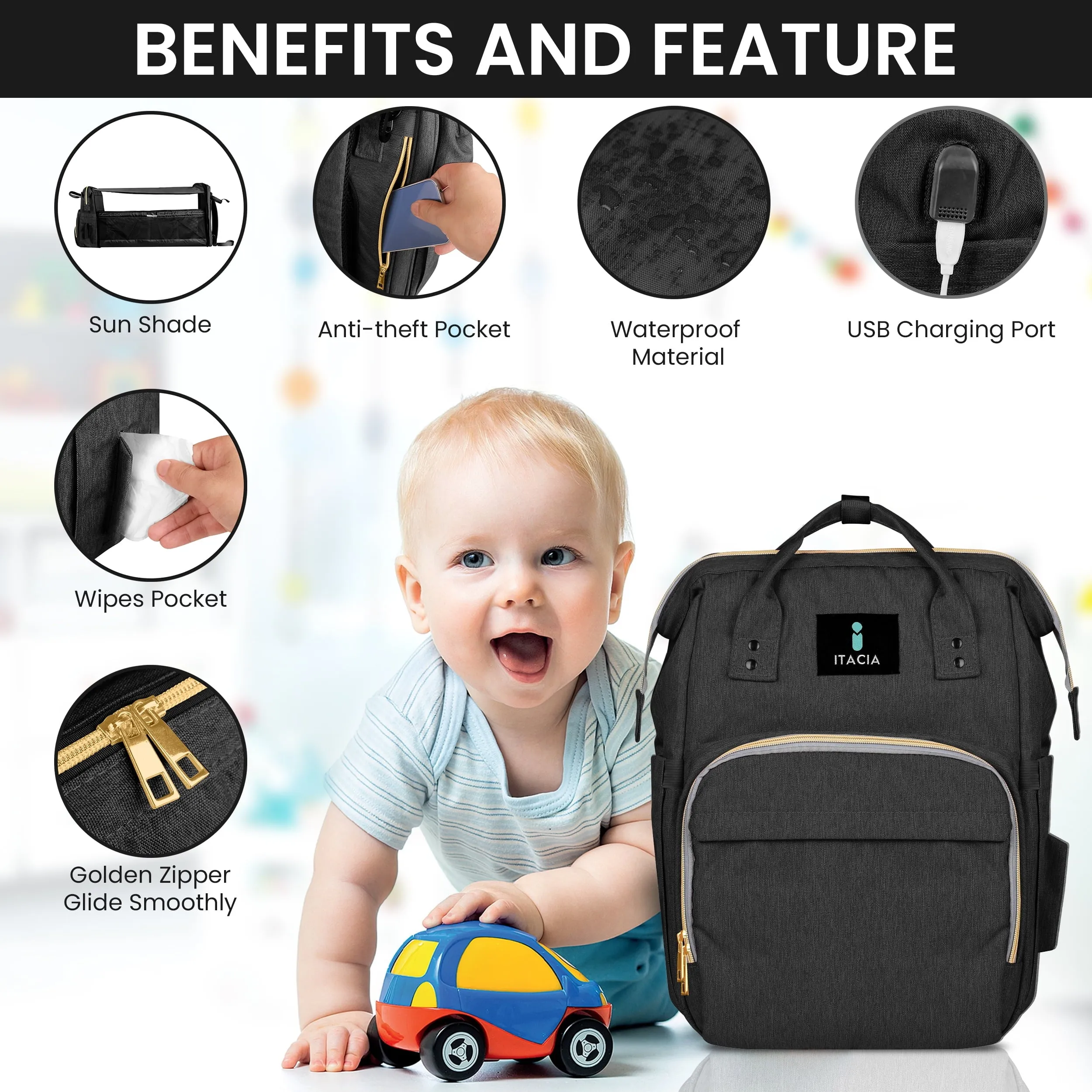 DB232-ITACIA Baby Diaper Bag Backpack With Changing Station-Black
