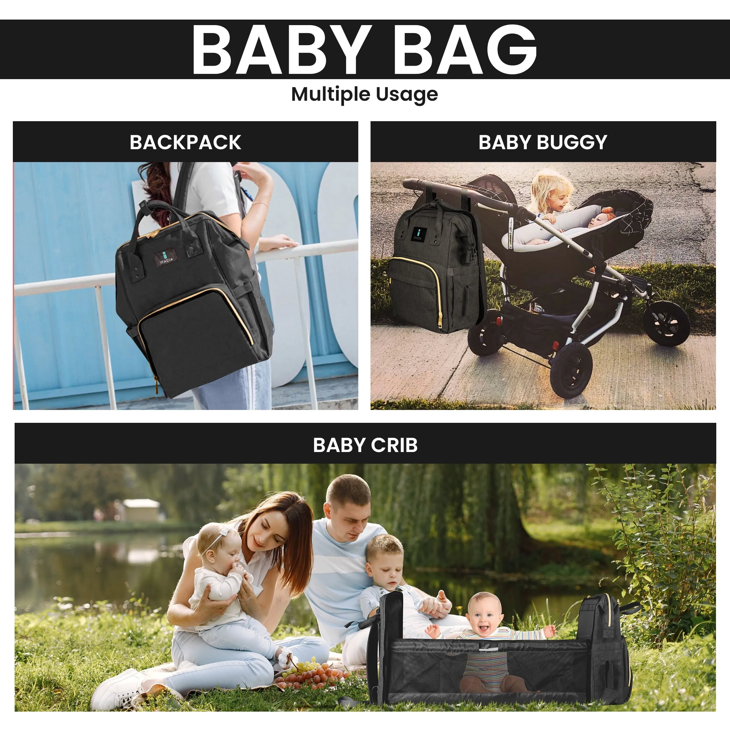 DB232-ITACIA Baby Diaper Bag Backpack With Changing Station-Black