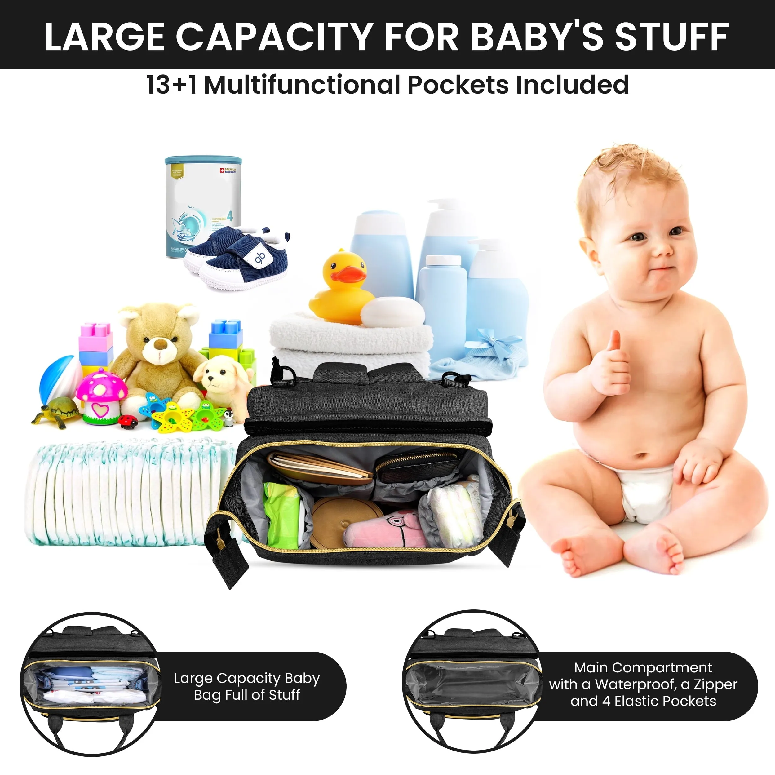 DB232-ITACIA Baby Diaper Bag Backpack With Changing Station-Black