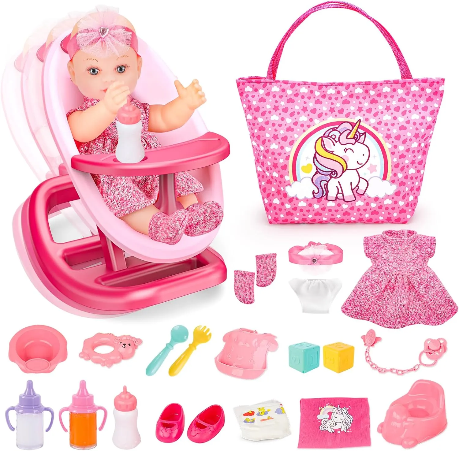deAO Baby Doll Playset Baby Doll Crib Bed Set Adjustable 2 in 1 Baby High Chair and Rocking Bed, Baby Doll Accessories with 13 Inch Dolls, Feeding Pretend Play Toy Gift for Toddler 3  Years Old
