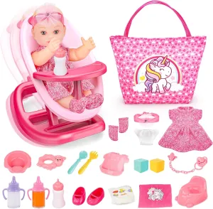 deAO Baby Doll Playset Baby Doll Crib Bed Set Adjustable 2 in 1 Baby High Chair and Rocking Bed, Baby Doll Accessories with 13 Inch Dolls, Feeding Pretend Play Toy Gift for Toddler 3  Years Old