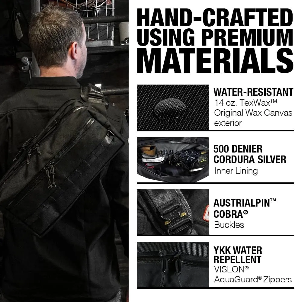 DEFY Insidious Sling | TexWax Canvas Crossbody Sling Bag | 10.5 Liter Utility Sling Bags For Men | Mens Shoulder Bag w/ 13 Inch Laptop/Tablet Sleeve | Water Repellent Travel & Commuter Bag (Black)
