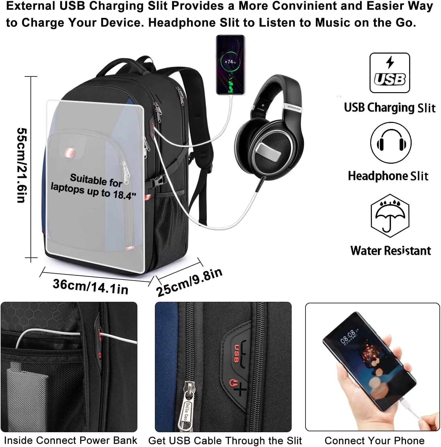Della Gao Travel Laptop Backpack, Anti Theft Backpack for Men and Women with USB Charging Port Business Computer Backpack Bag (Black Blue, 18.4 Inch)