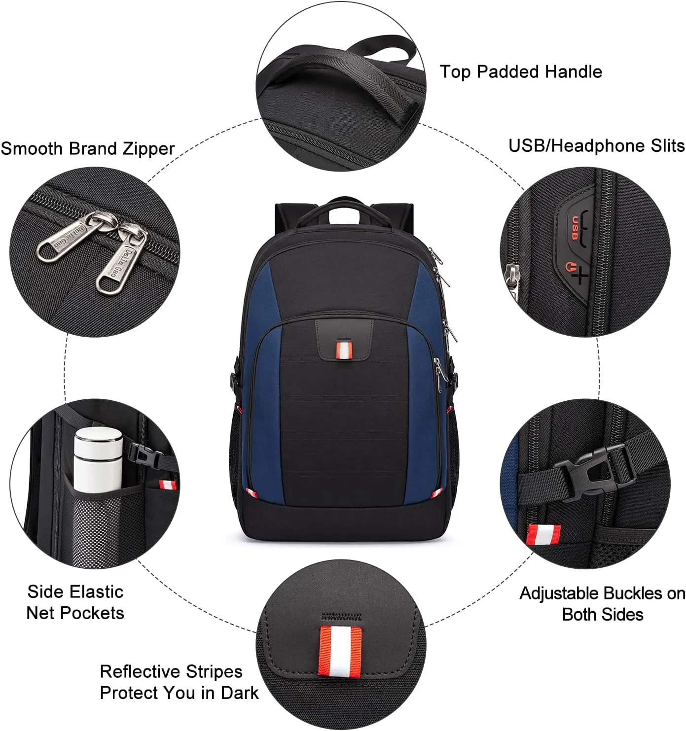Della Gao Travel Laptop Backpack, Anti Theft Backpack for Men and Women with USB Charging Port Business Computer Backpack Bag (Black Blue, 18.4 Inch)