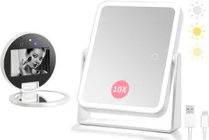 DESCHEN 2000mAh Rechargeable Makeup Vanity Mirror with Lights and Magnification, Rechargeable Travel Compact Smart UV Camera UV Mirror for Sunscreen Test