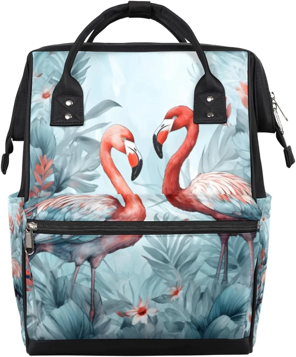 Diaper Backpack Bag for Mom Dad Men Women Unisex, Tropic Flower Flamingo Back Packs Multifunction Casual Travel Backpacks Diaper Bag Daypack