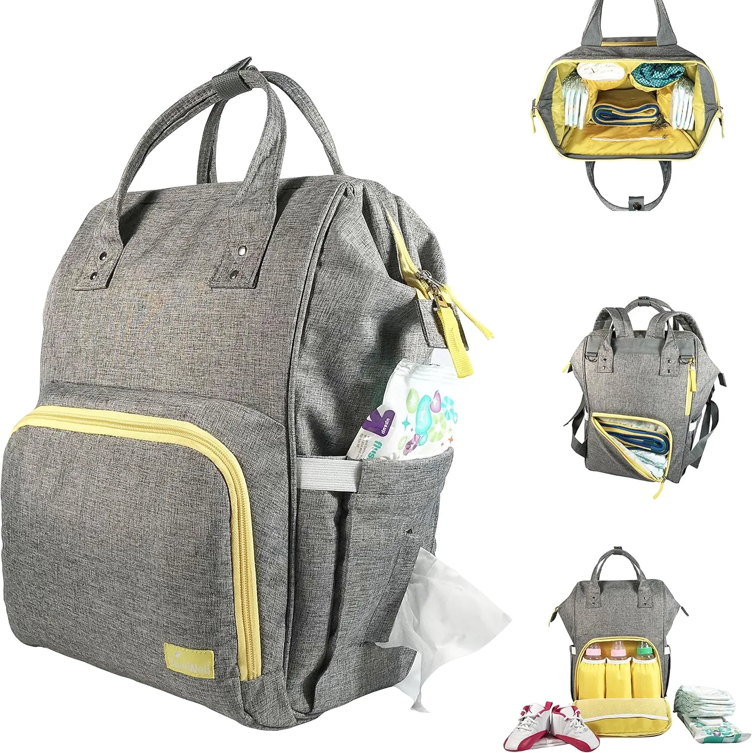 Diaper Backpack Organizer Unisex Travel Bag Large Capacity Lightweight Insulated Waterproof Stroller Compatible Maternity Nappy for Boys and Girls in Grey Yellow