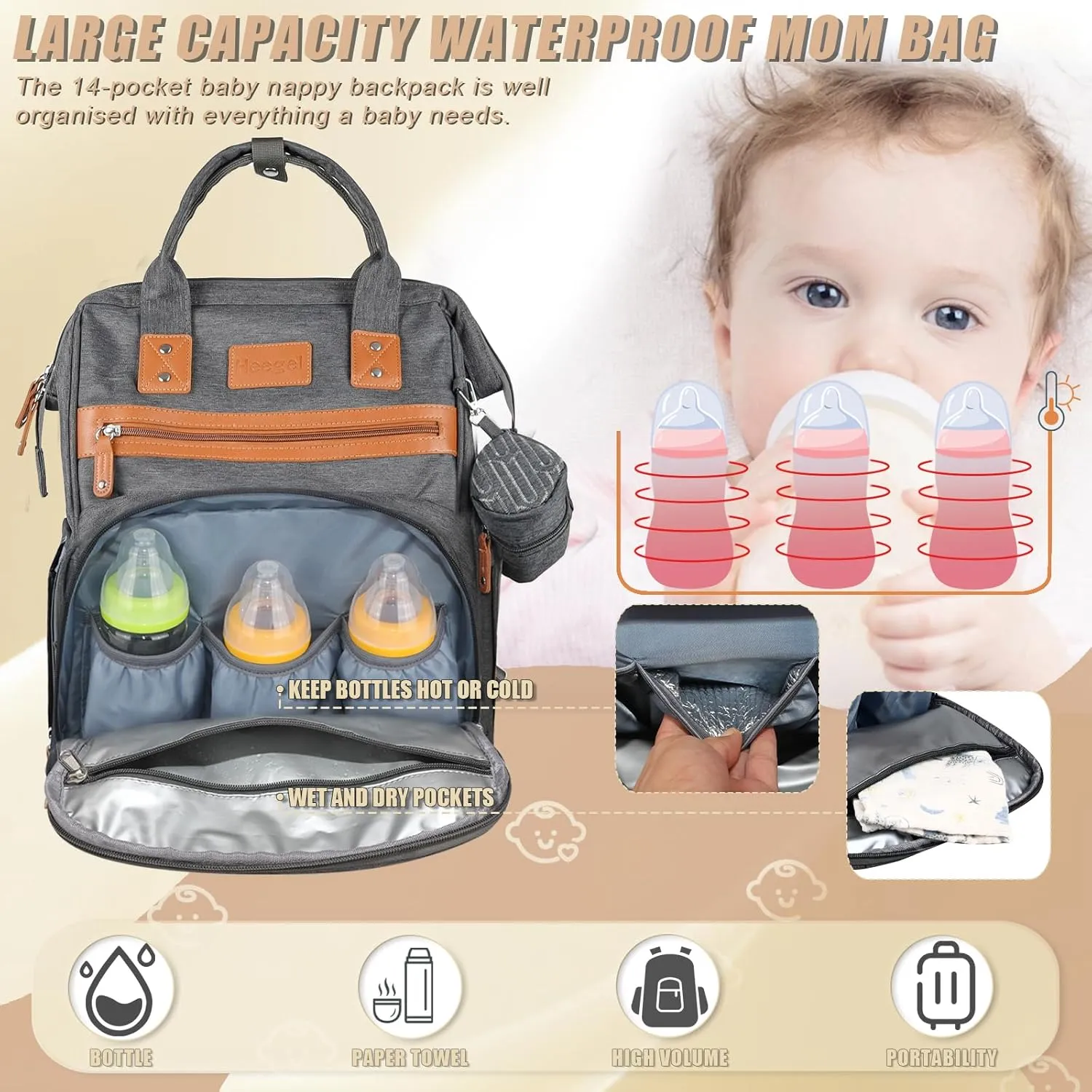 Diaper Backpack with Changing Pad, Baby Diaper Bag for Mom & Dad with Multipurpose Pockets, Large Stylish Baby Bag for Boy, Girl, Toddler (Dark Grey)