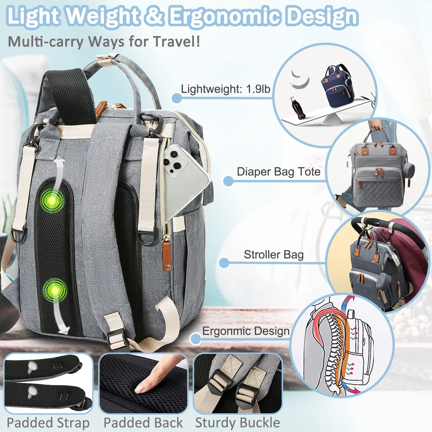 Diaper Bag Backpack Baby Bag, Baby Girl Boy Diaper Bag for Dad Mom with Pad, 16 Pockets, Pacifier Case, Large Diaper Bags Unisex for Travel (Grey)
