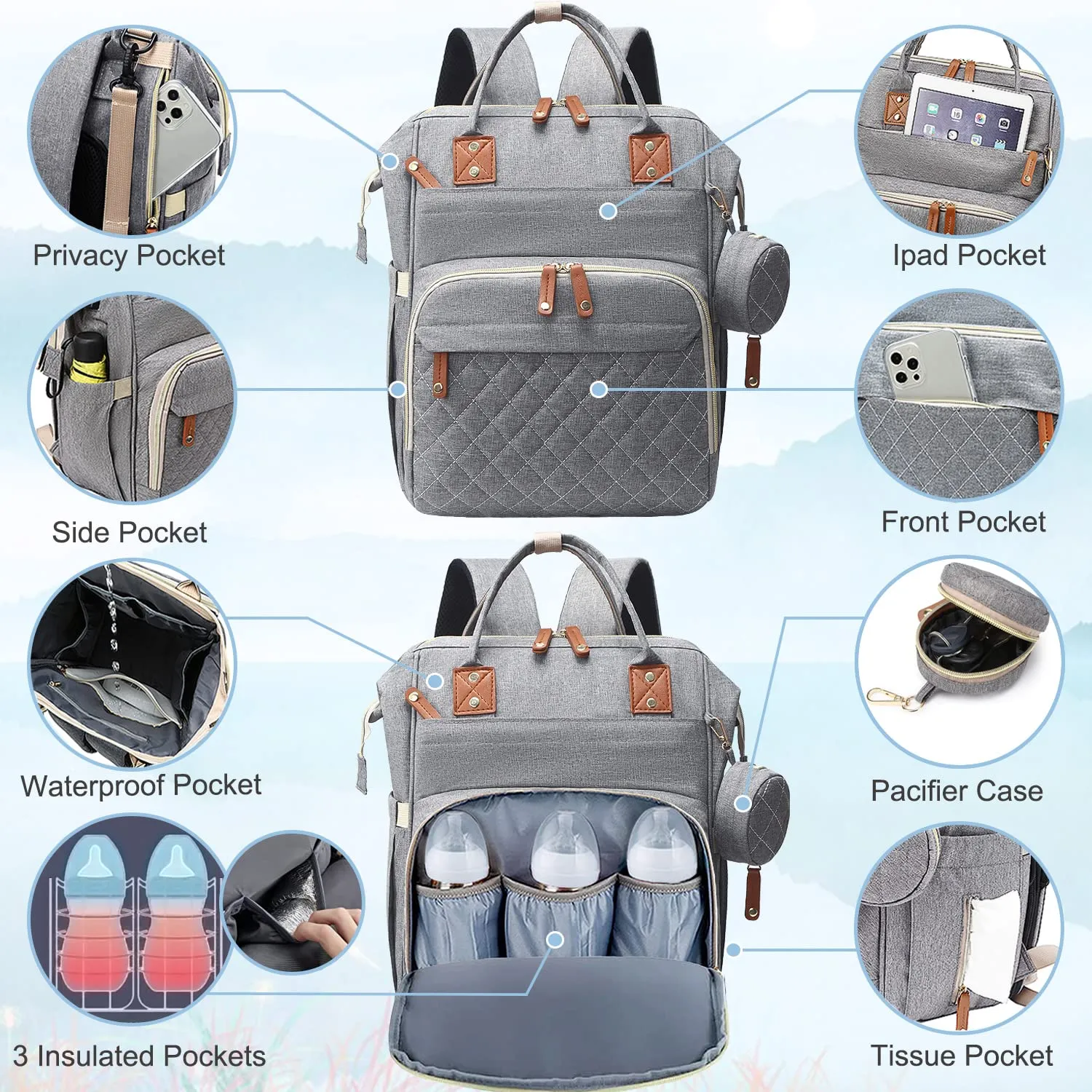 Diaper Bag Backpack Baby Bag, Baby Girl Boy Diaper Bag for Dad Mom with Pad, 16 Pockets, Pacifier Case, Large Diaper Bags Unisex for Travel (Grey)