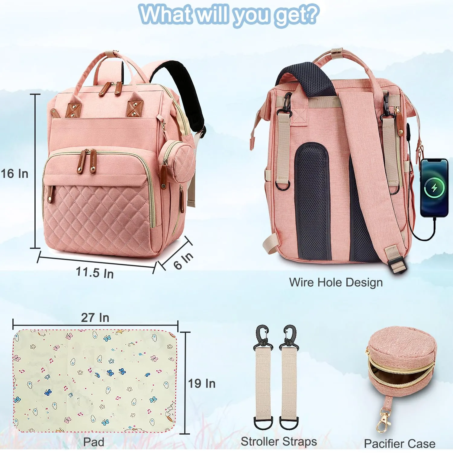 Diaper Bag Backpack Baby Bag, Baby Girl Boy Diaper Bag for Dad Mom with Pad,16 Pockets, Pacifier Case, Large Diaper Bags Unisex for Travel (Orange Pink)
