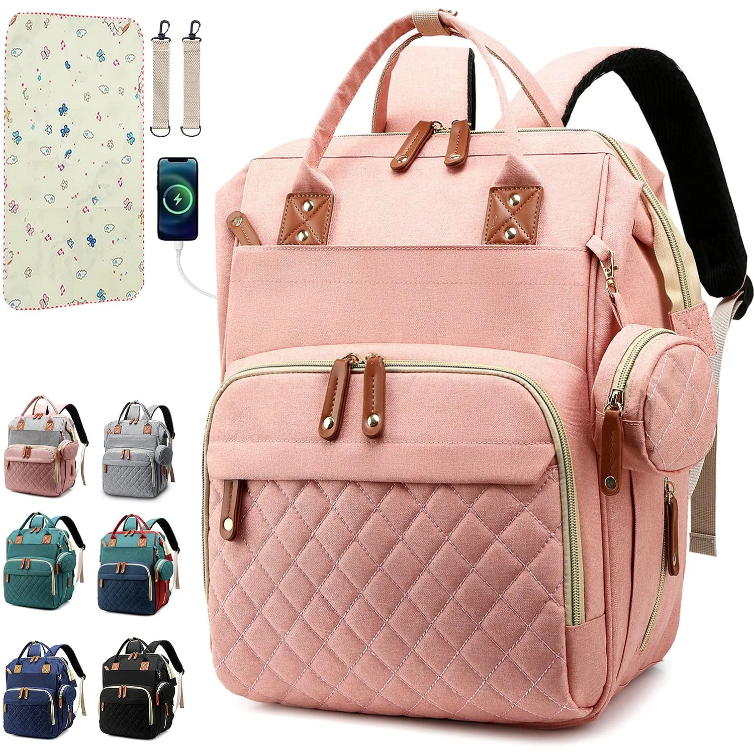 Diaper Bag Backpack Baby Bag, Baby Girl Boy Diaper Bag for Dad Mom with Pad,16 Pockets, Pacifier Case, Large Diaper Bags Unisex for Travel (Orange Pink)