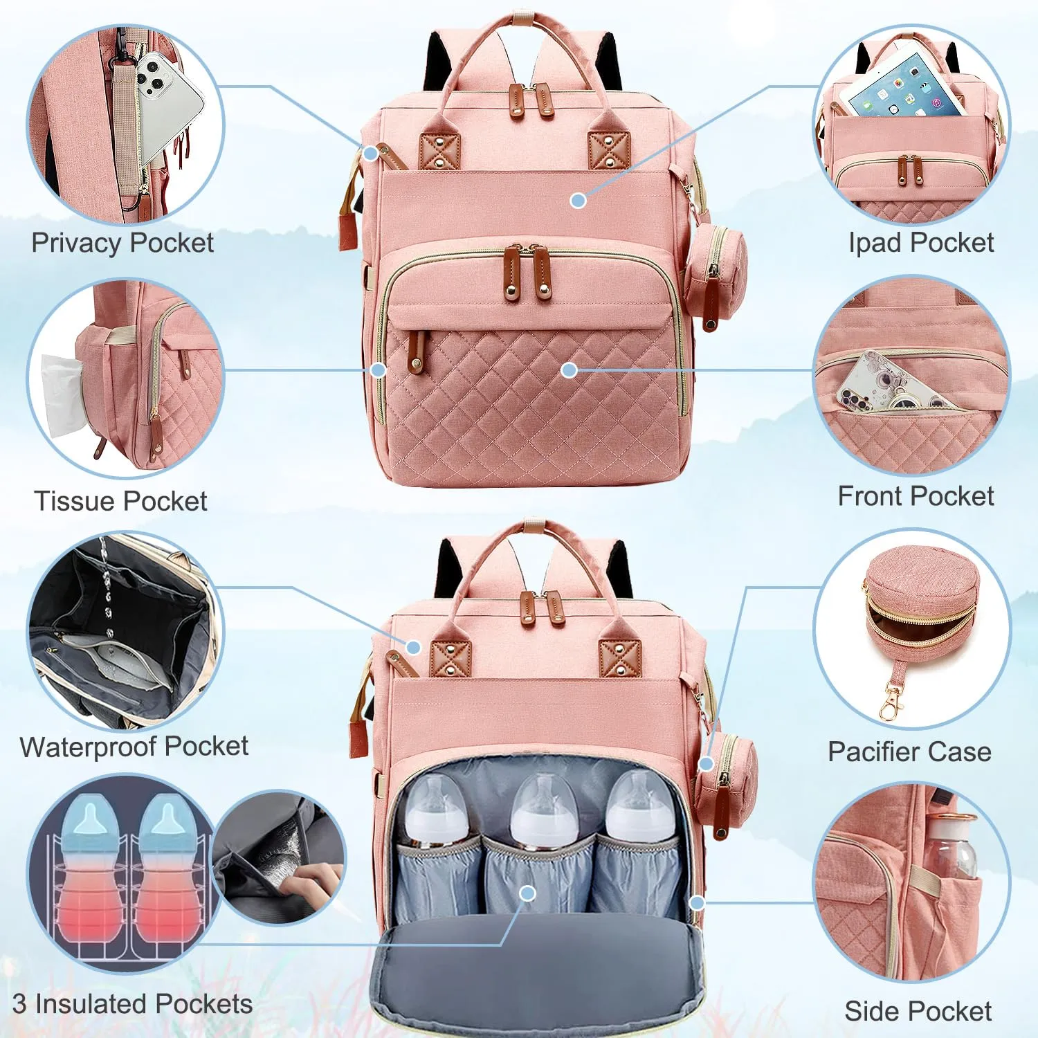 Diaper Bag Backpack Baby Bag, Baby Girl Boy Diaper Bag for Dad Mom with Pad,16 Pockets, Pacifier Case, Large Diaper Bags Unisex for Travel (Orange Pink)