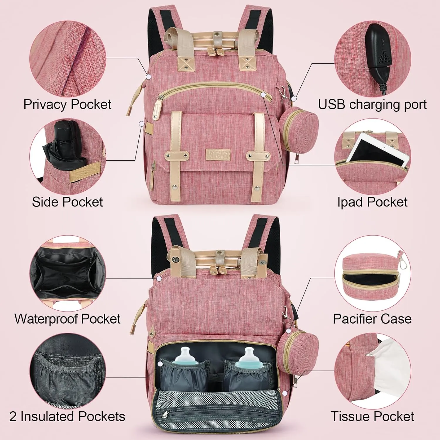 Diaper Bag Backpack Baby Bag,Waterproof Multi Function Baby Backpack, bag with USB Charging Port, Travel Diaper Bag with Changing Pad,Unisex Stylish Travel Back Pack for Moms(Pink)