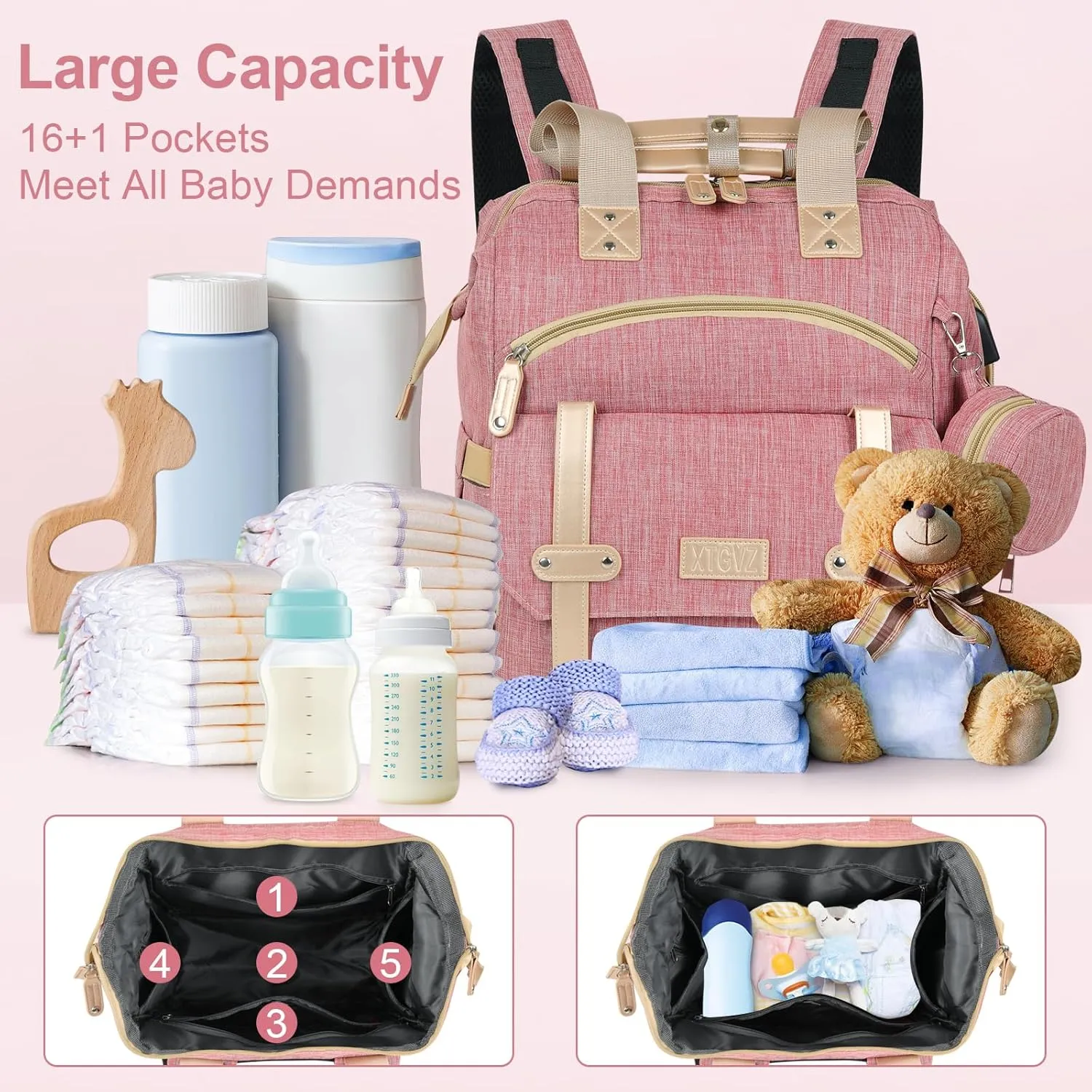 Diaper Bag Backpack Baby Bag,Waterproof Multi Function Baby Backpack, bag with USB Charging Port, Travel Diaper Bag with Changing Pad,Unisex Stylish Travel Back Pack for Moms(Pink)