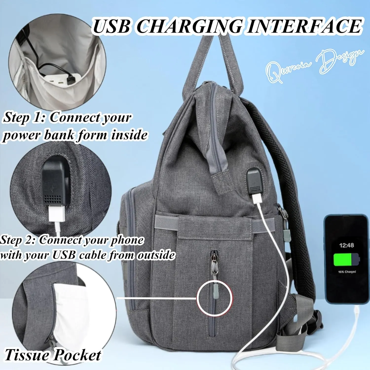 Diaper Bag Backpack for Dad and Mom with USB Charging Port Stroller Straps and Insulated Pocket,army military Travel Nappy Backpack (Dark Grey)