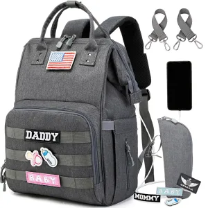 Diaper Bag Backpack for Dad and Mom with USB Charging Port Stroller Straps and Insulated Pocket,army military Travel Nappy Backpack (Dark Grey)