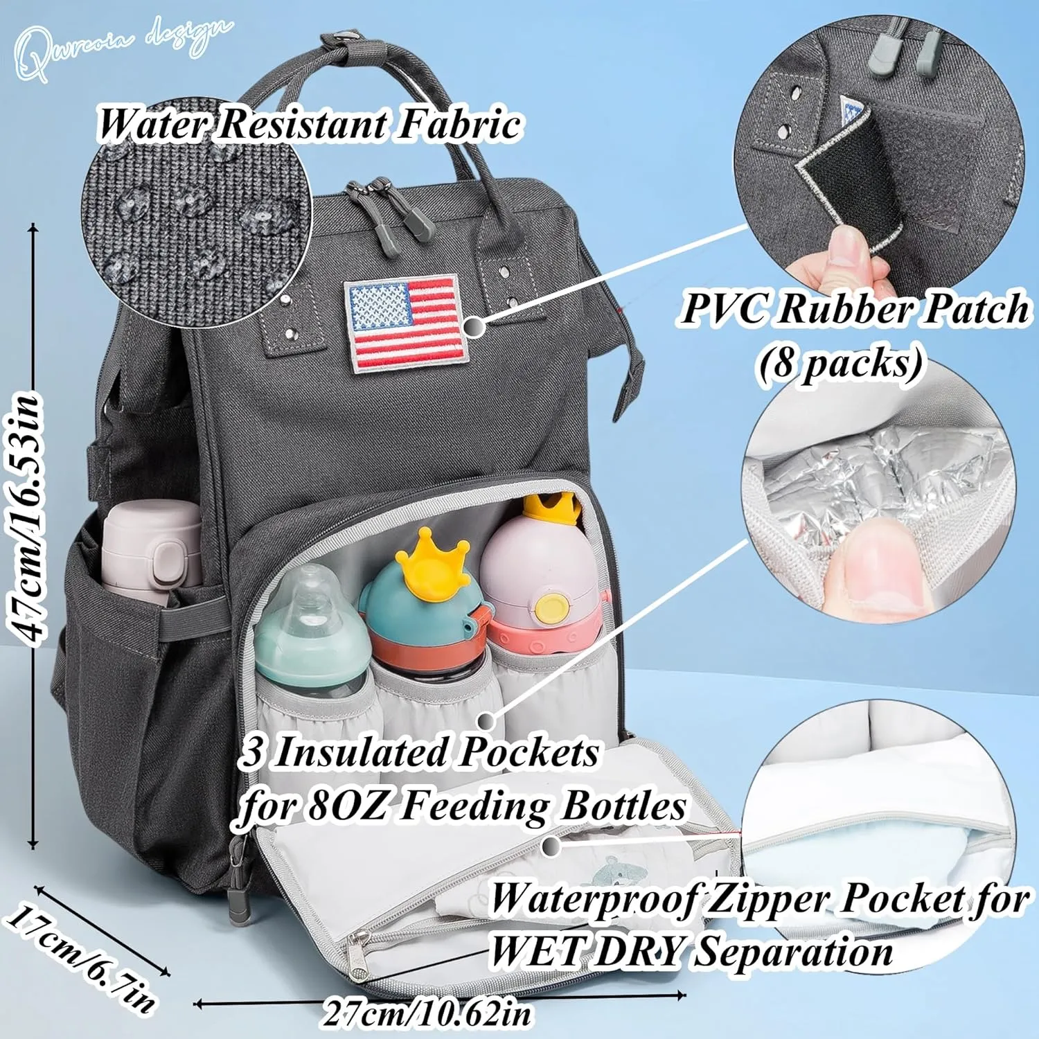 Diaper Bag Backpack for Dad and Mom with USB Charging Port Stroller Straps and Insulated Pocket,army military Travel Nappy Backpack (Dark Grey)