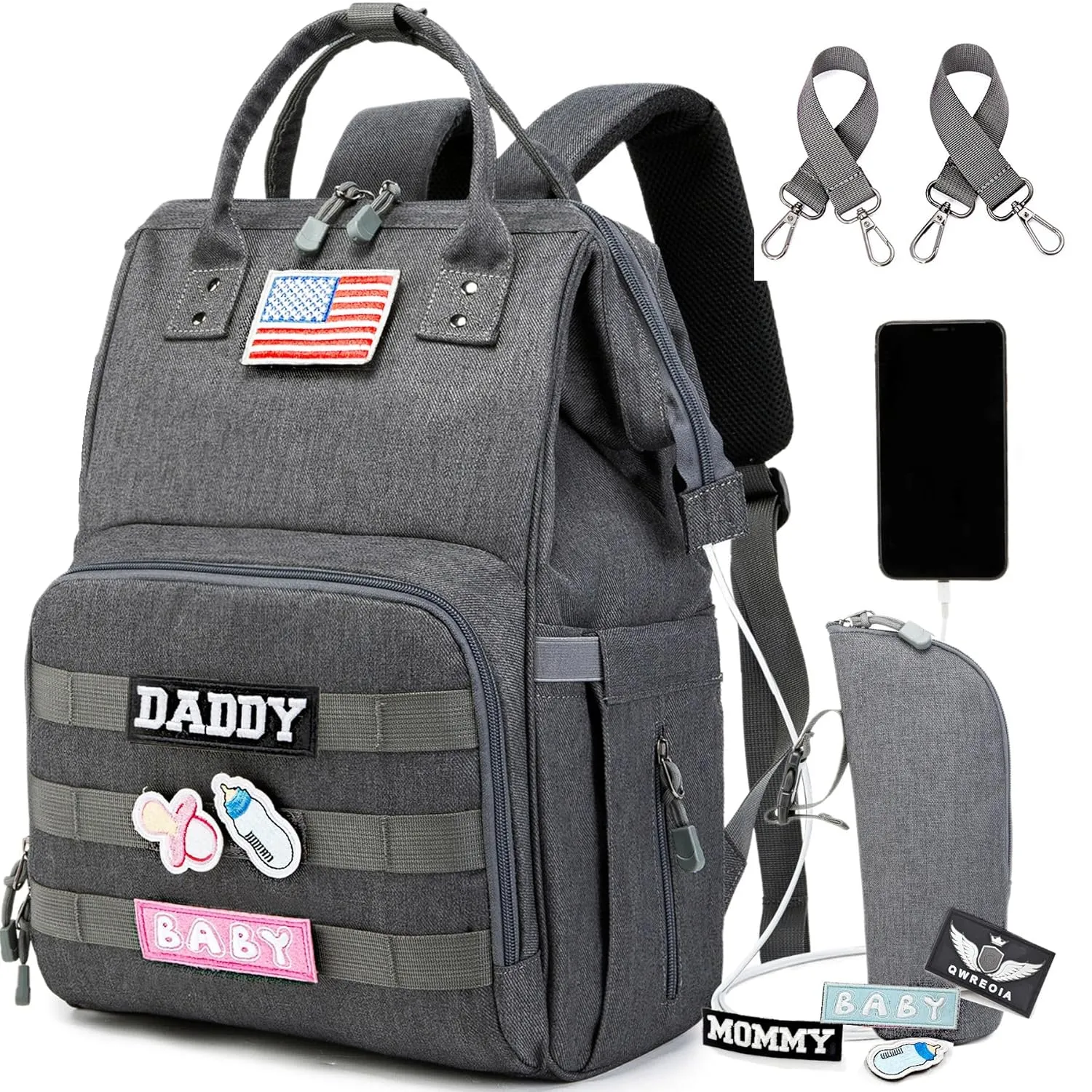 Diaper Bag Backpack for Dad and Mom with USB Charging Port Stroller Straps and Insulated Pocket,army military Travel Nappy Backpack (Dark Grey)