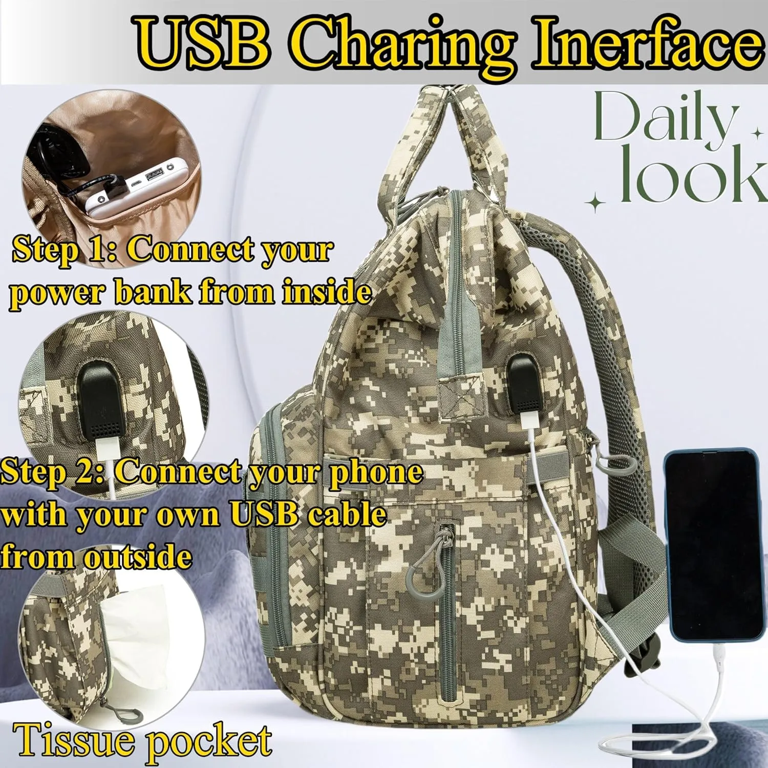 Diaper Bag Backpack for Dad and Mom with USB Charging Port Stroller Straps and Insulated Pocket,army military Travel Nappy Backpack for Daddy/Mommy (Camo)