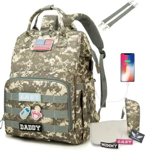 Diaper Bag Backpack for Dad and Mom with USB Charging Port Stroller Straps and Insulated Pocket,army military Travel Nappy Backpack for Daddy/Mommy (Camo)