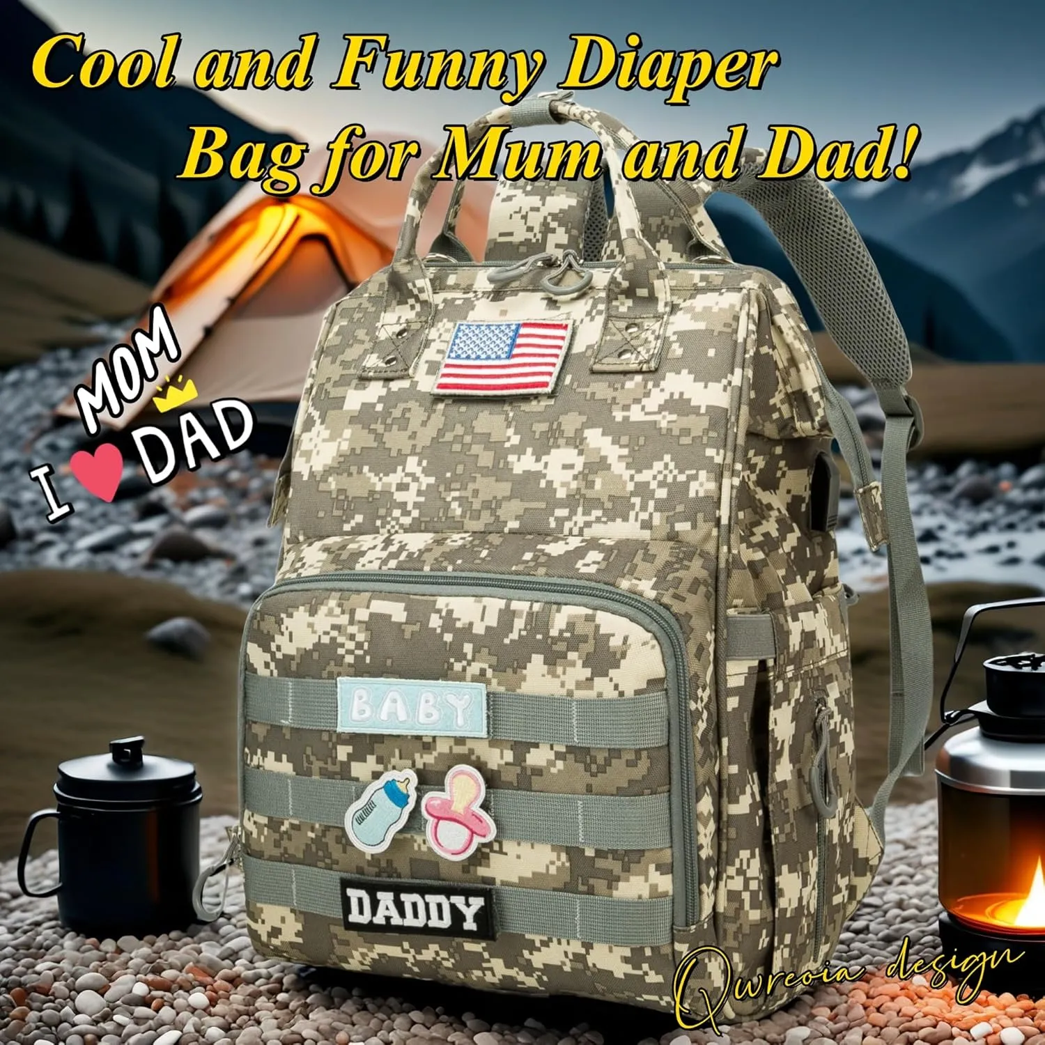 Diaper Bag Backpack for Dad and Mom with USB Charging Port Stroller Straps and Insulated Pocket,army military Travel Nappy Backpack for Daddy/Mommy (Camo)