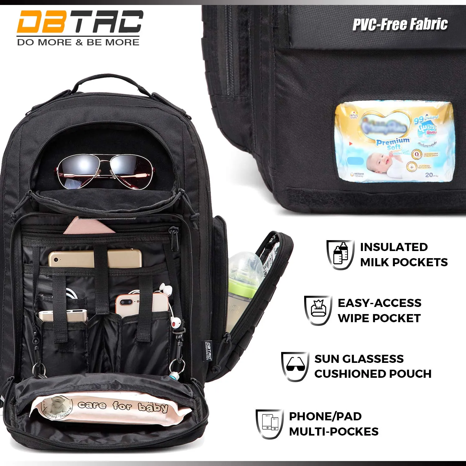Diaper Bag Backpack for Dad, DBTAC Large Baby Nappy Bag for Men w/Changing Mat, Insulated Wipe Pockets, Stroller Straps, Black