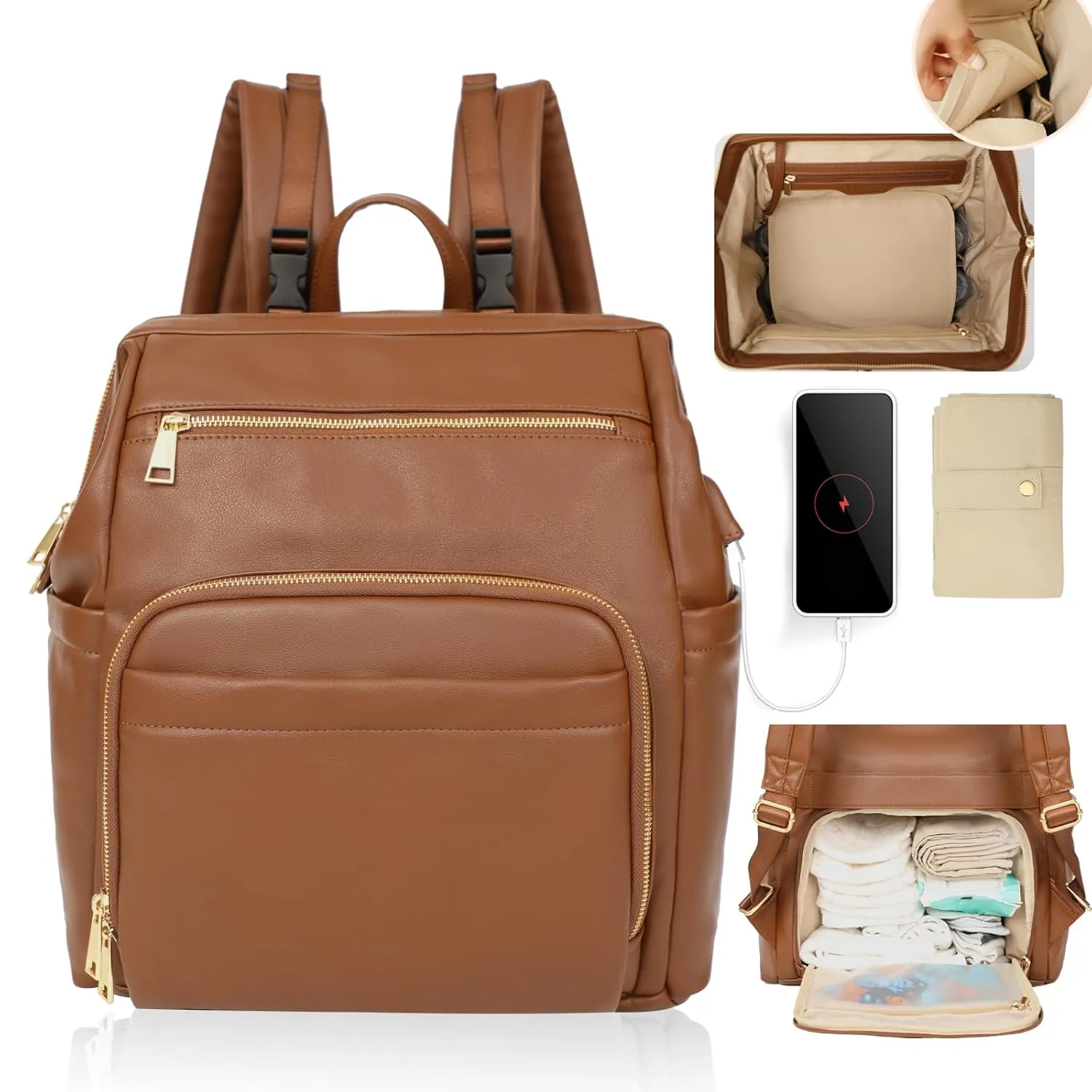 Diaper Bag Backpack Leather Large Baby Diaper Bag Essentials With 18 Organizing Pockets,6 Insulated Pockets,USB Charging Port,Stroller Straps,Changing Pad (Brown)