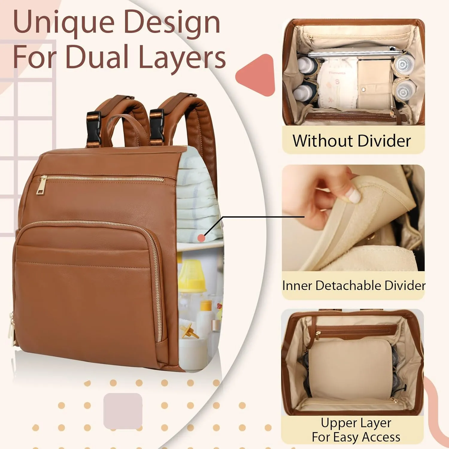 Diaper Bag Backpack Leather Large Baby Diaper Bag Essentials With 18 Organizing Pockets,6 Insulated Pockets,USB Charging Port,Stroller Straps,Changing Pad (Brown)