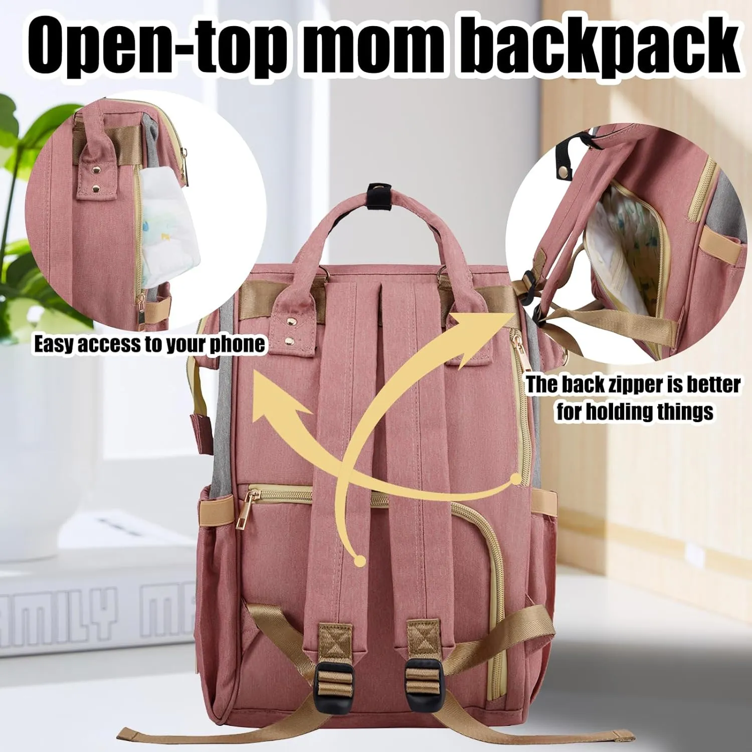Diaper Bag Backpack Multifunction Large Bags with Changing Pad & Stroller Straps Pacifier Case Unisex (dusty pink)