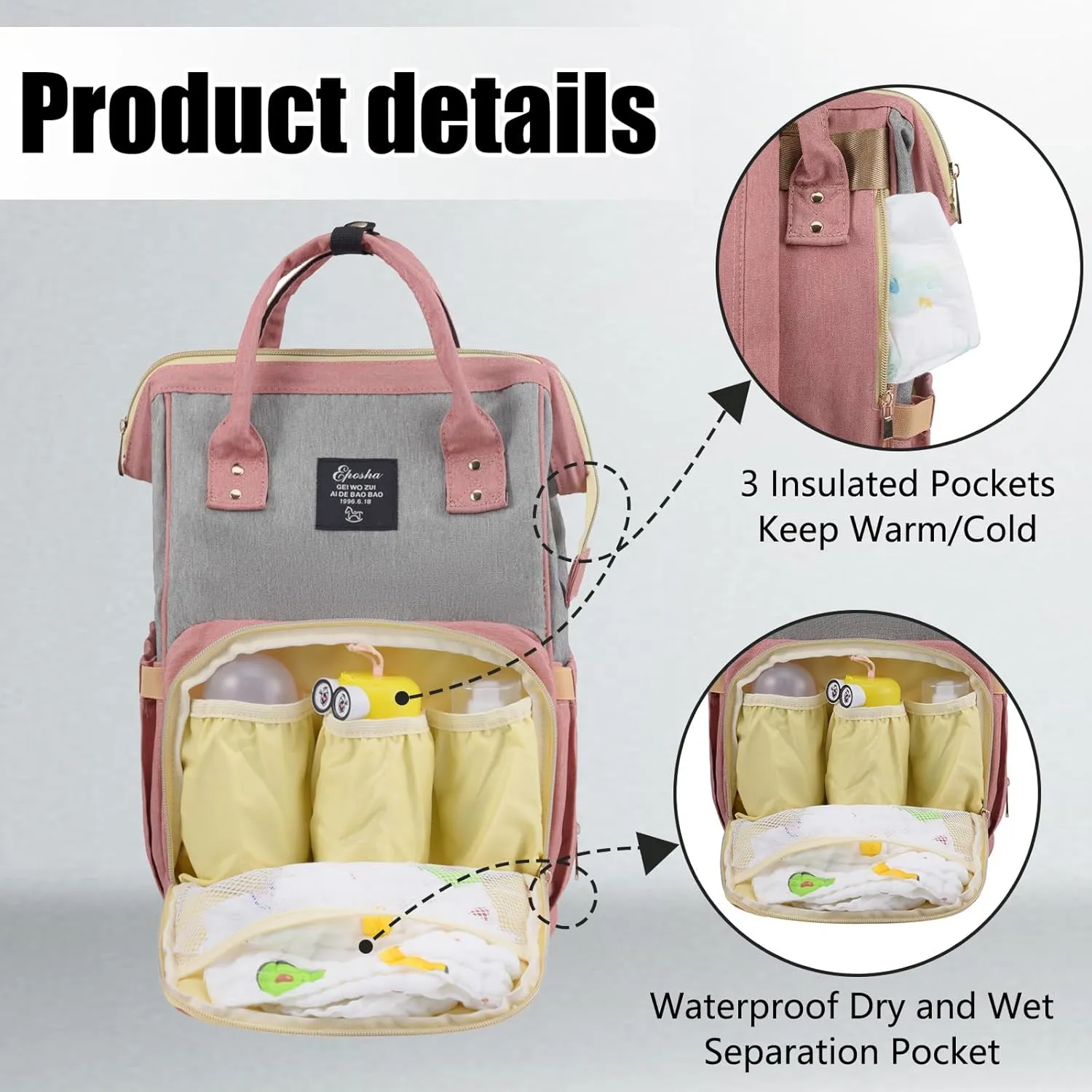Diaper Bag Backpack Multifunction Large Bags with Changing Pad & Stroller Straps Pacifier Case Unisex (dusty pink)