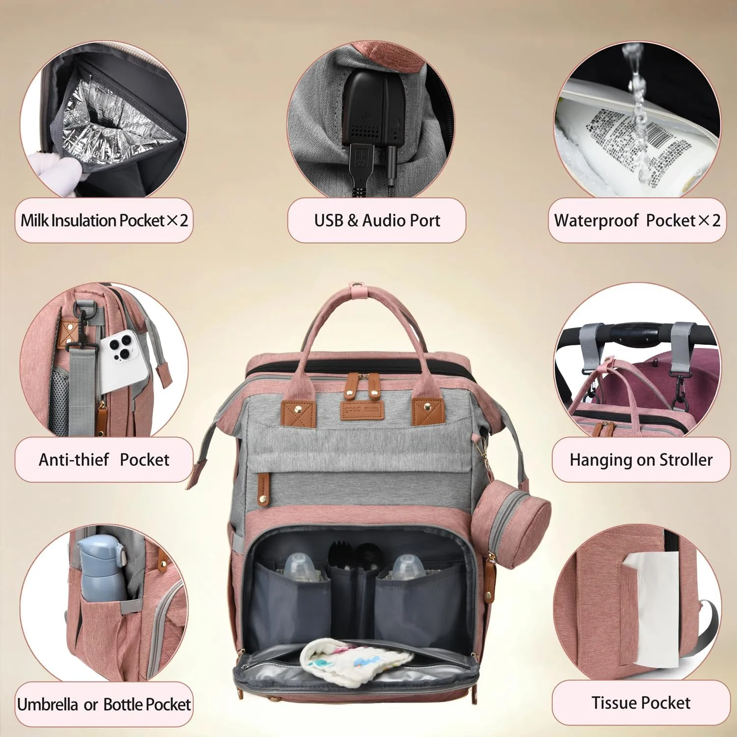 Diaper Bag Backpack, Multifunction Travel Baby Bag, Waterproof Tote Backpack with USB Port, Pacifier Case and Stroller Straps, Newborn Essentials for Moms Dads, Girls, Gray Pink
