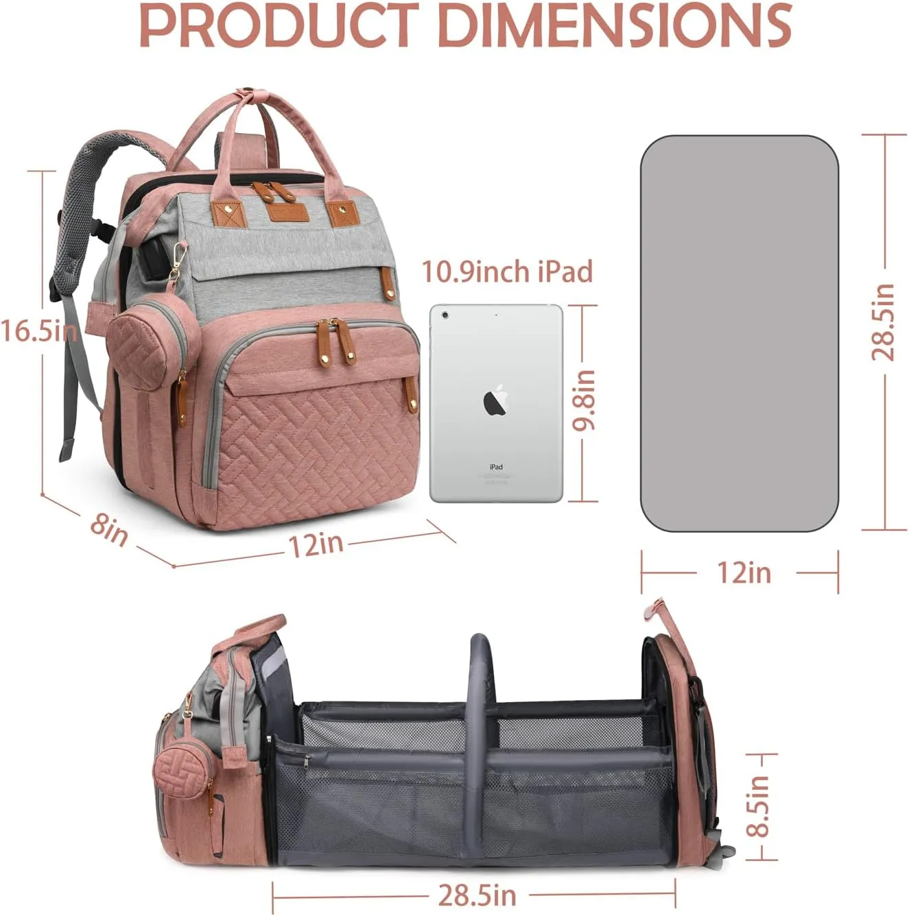 Diaper Bag Backpack, Multifunction Travel Baby Bag, Waterproof Tote Backpack with USB Port, Pacifier Case and Stroller Straps, Newborn Essentials for Moms Dads, Girls, Gray Pink