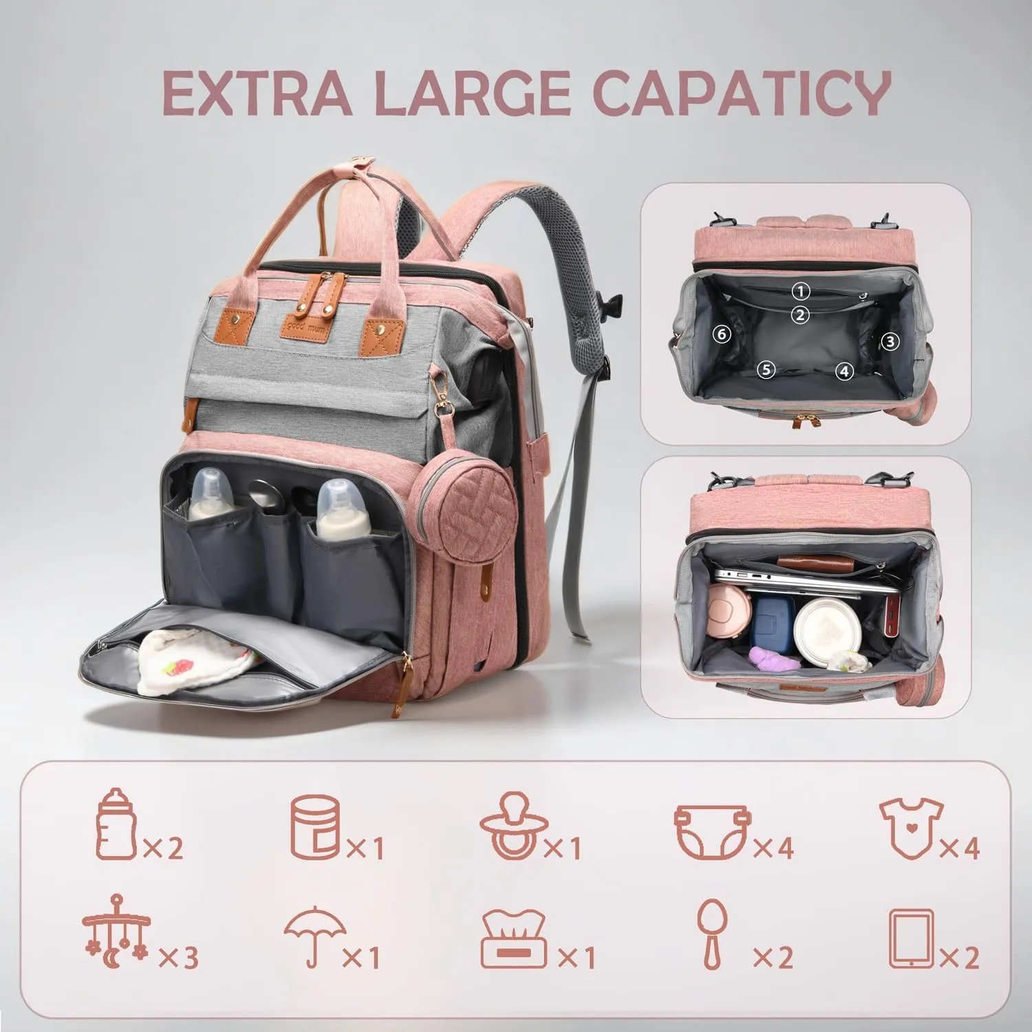 Diaper Bag Backpack, Multifunction Travel Baby Bag, Waterproof Tote Backpack with USB Port, Pacifier Case and Stroller Straps, Newborn Essentials for Moms Dads, Girls, Gray Pink