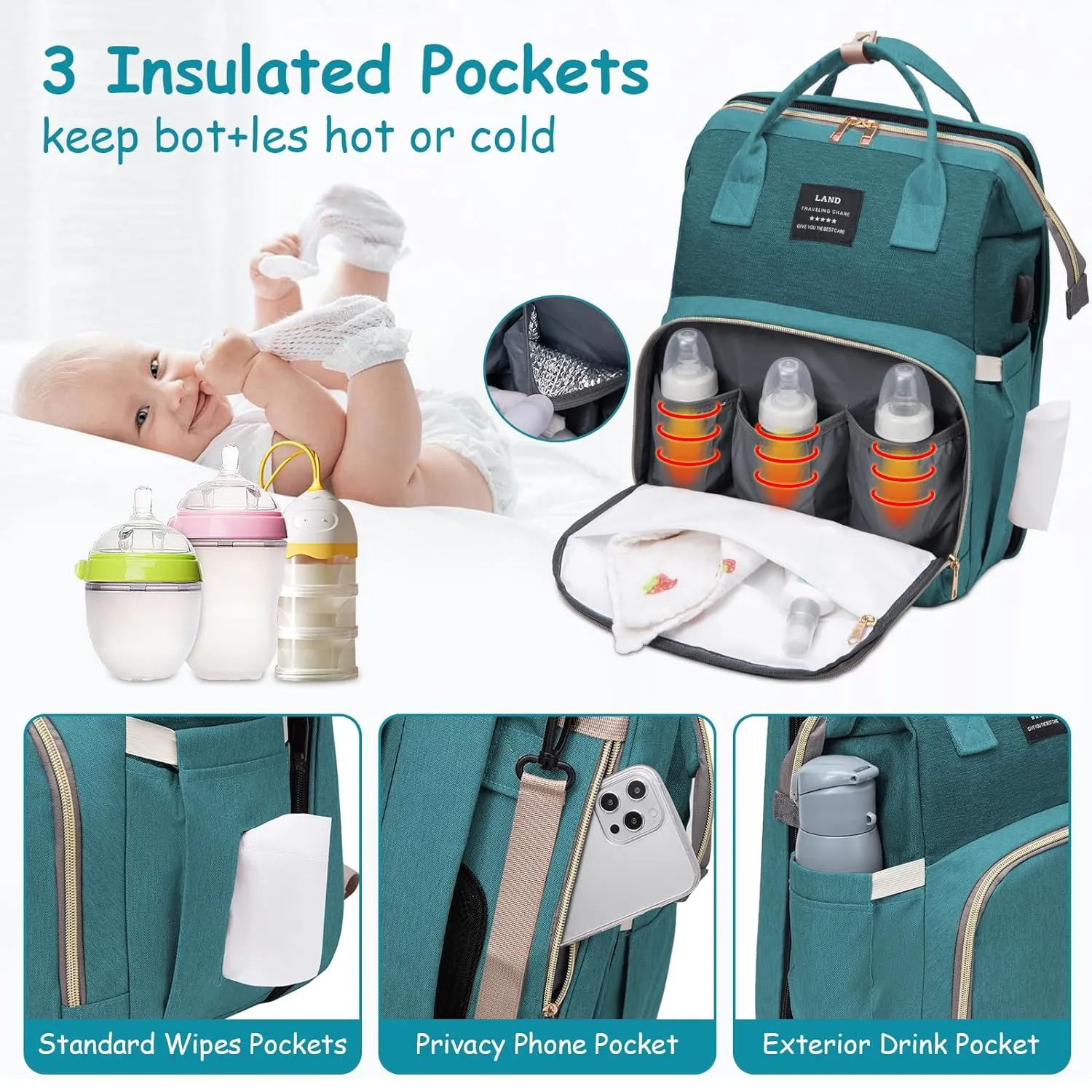 Diaper Bag Backpack, Multifunctional Baby Diaper Bag, Diaper Changing Station for Boys Girls, Large Capacity Travel Baby Bag for Mom Dad