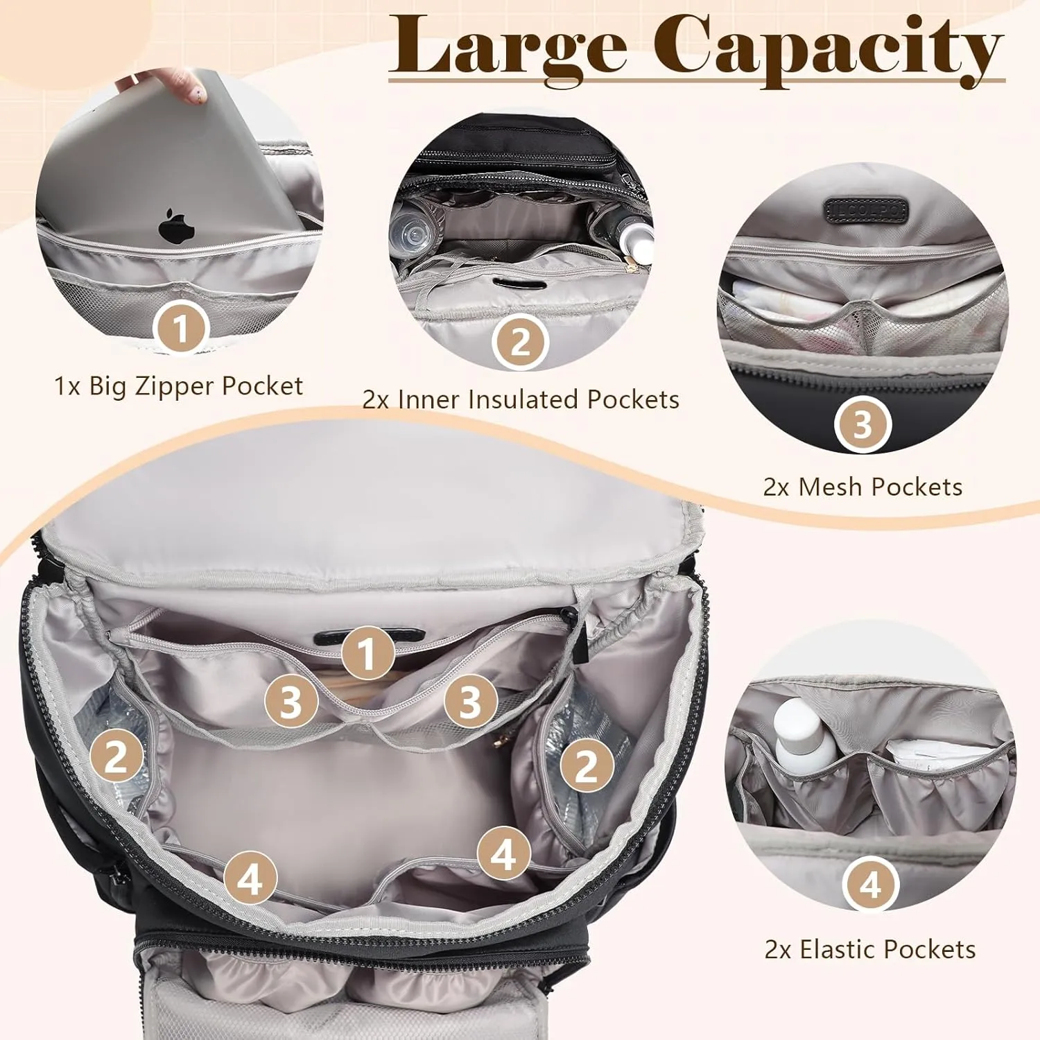 Diaper Bag Backpack, Neoprene Bag Backpack, Large Diaper Backpack with 16 Diaper Bag Organizers, 4 Insulated Pockets, Lighweight Travel Baby Bag with Changing Pad for Mom & Dad, Black