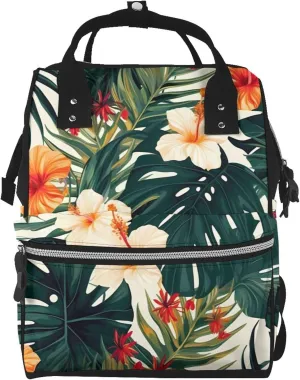 Diaper Bag Backpack Tropical Summer Hawaiian Flower Palm Leaves Printing Large Capacity Diaper Backpack Large Unisex Diaper Bags Multi-Function Travel Diaper Bag Backpack For Mom,Outdoor,Travel