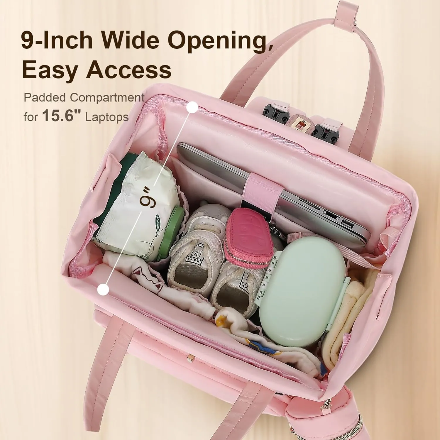 Diaper Bag Backpack with Changing Pad & Pacifier Case – One-Handed Convenience, Fits 15.6" Laptop, Cute Baby Bag for Girls & Boys, Perfect Baby Shower for Mom & Dad, Pink