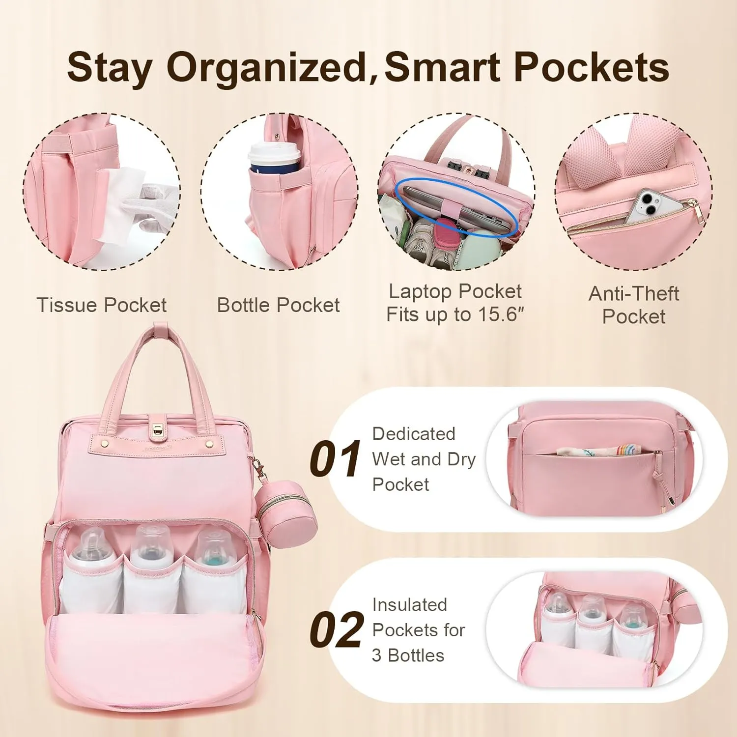 Diaper Bag Backpack with Changing Pad & Pacifier Case – One-Handed Convenience, Fits 15.6" Laptop, Cute Baby Bag for Girls & Boys, Perfect Baby Shower for Mom & Dad, Pink
