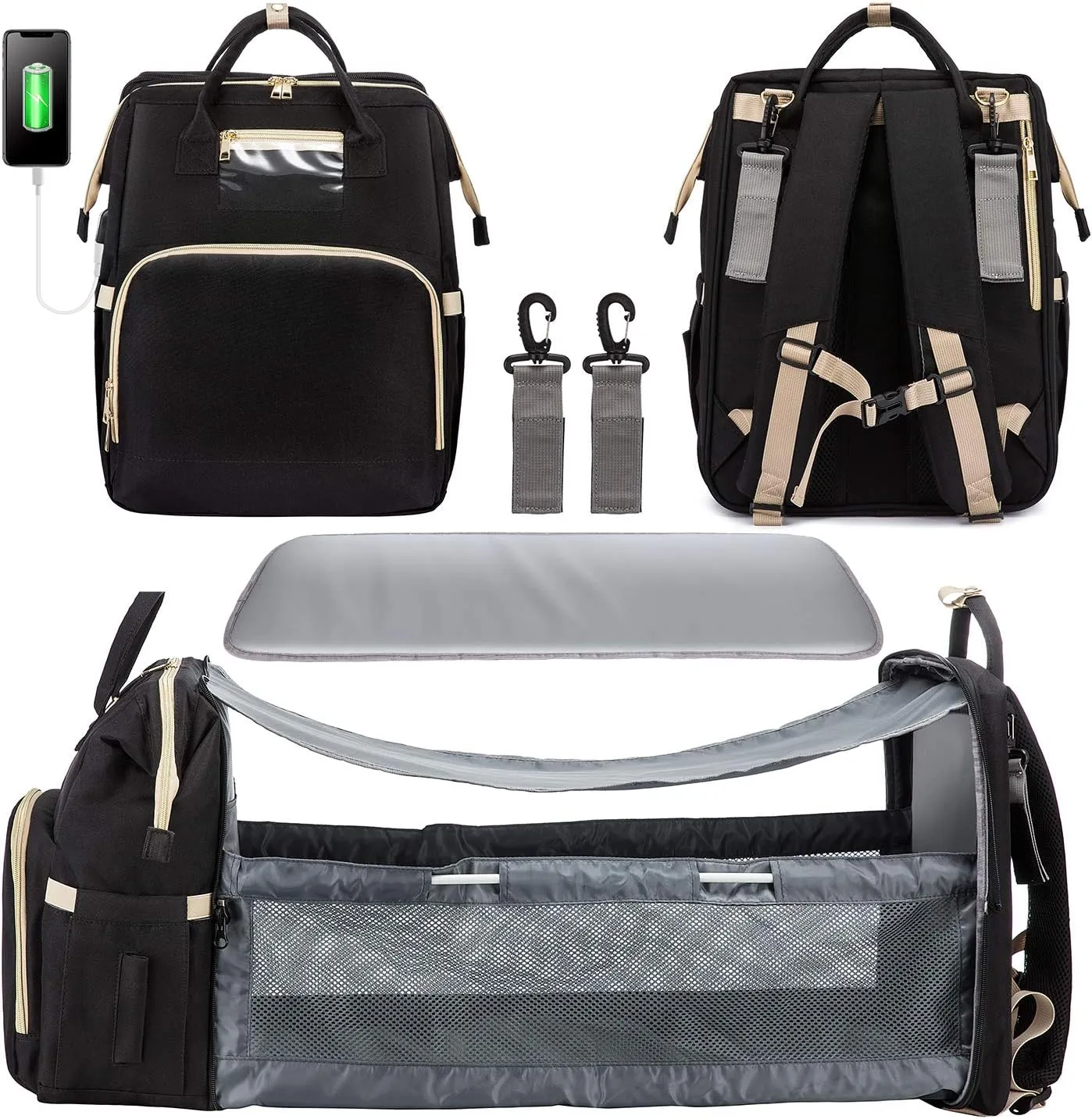 Diaper Bag Backpack with Changing Station, Large Baby Diaper Bag, Multifunctional Travel Diaper Waterproof Backpack for Baby Boy & Girls, Travel Nappy Bag with USB Charging Port, Black