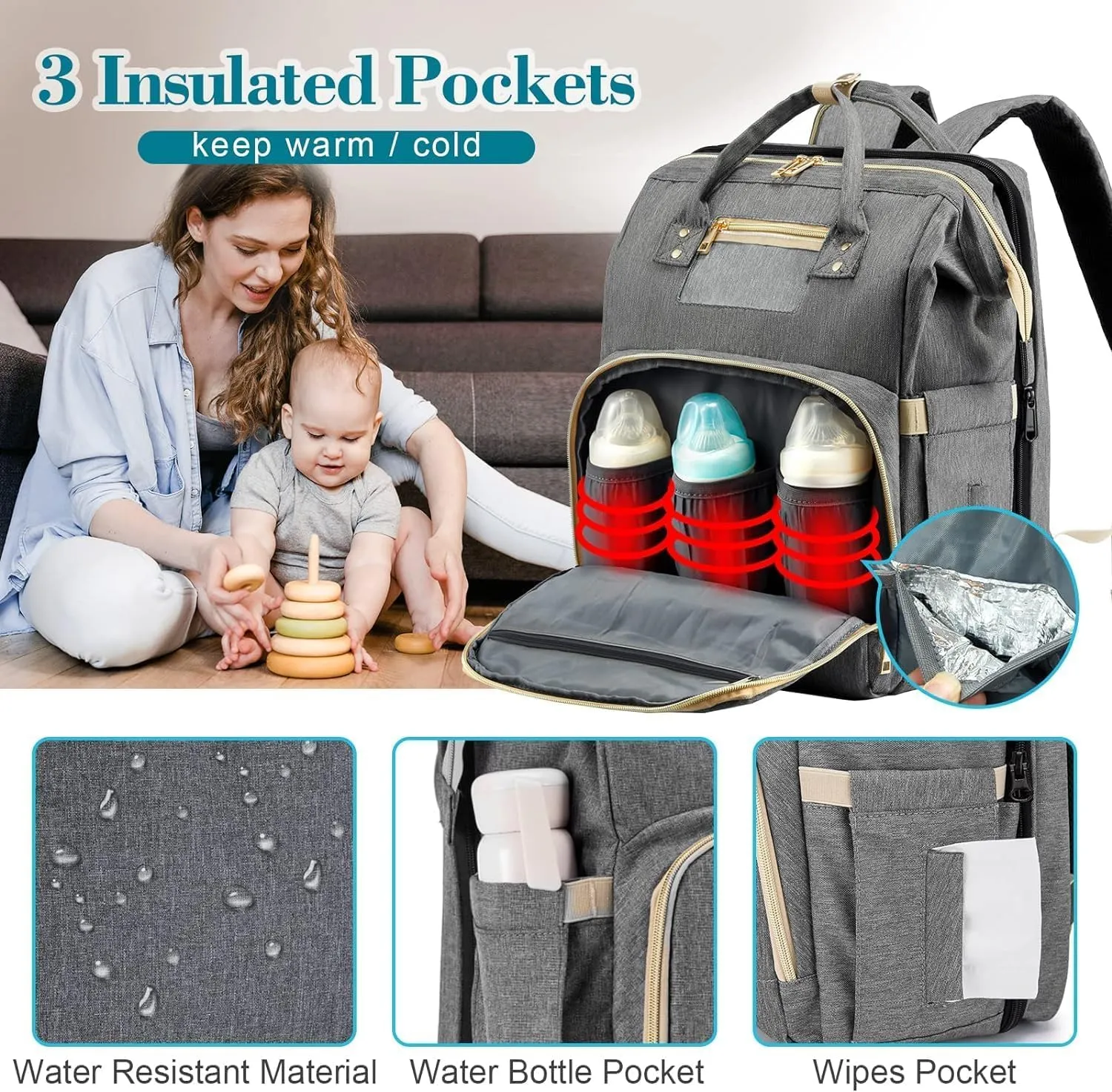 Diaper Bag Backpack with Changing Station, Large Baby Diaper Bag, Multifunctional Travel Diaper Waterproof Backpack for Baby Boy & Girls, Travel Nappy Bag with USB Charging Port, Grey