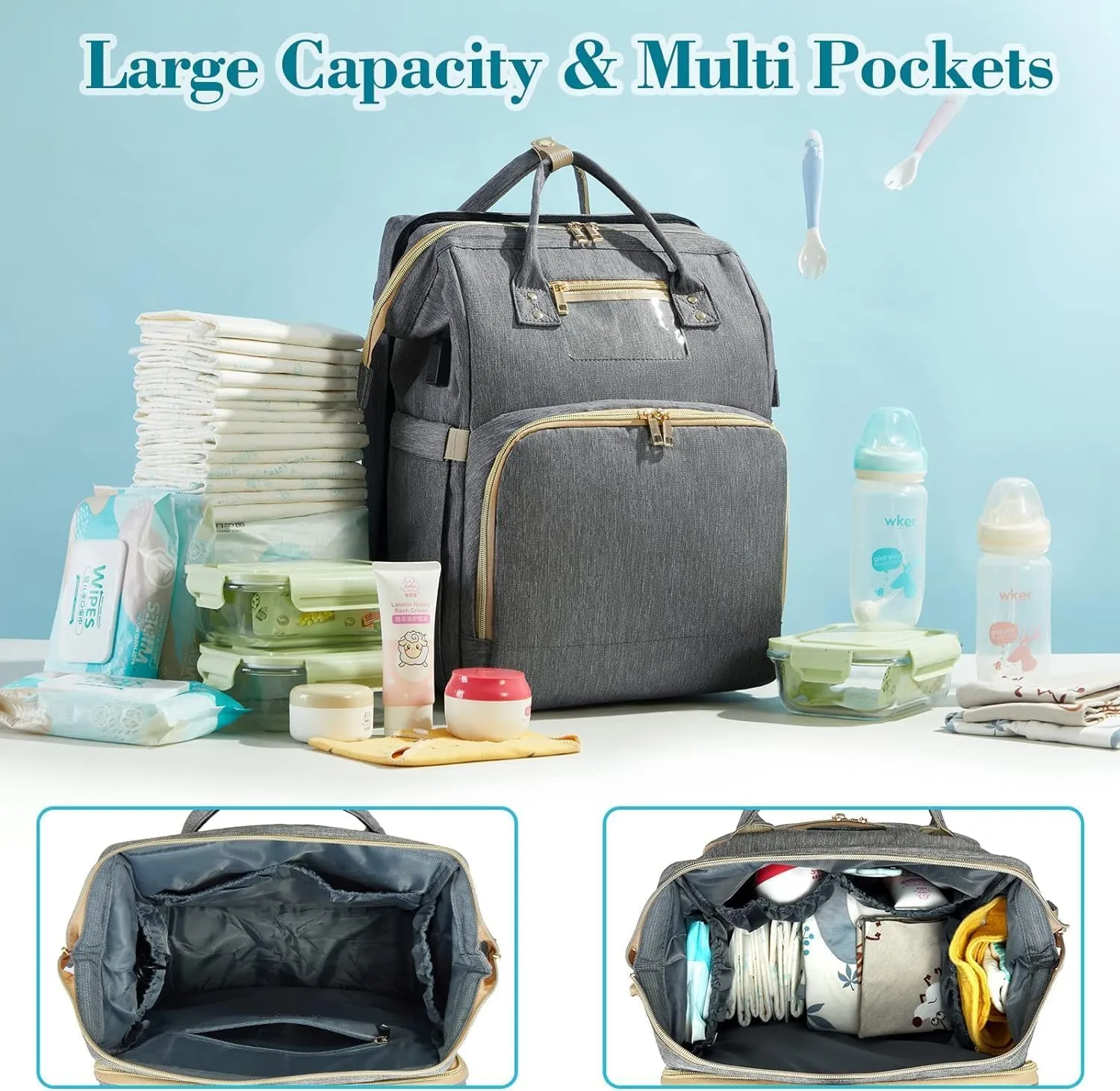 Diaper Bag Backpack with Changing Station, Large Baby Diaper Bag, Multifunctional Travel Diaper Waterproof Backpack for Baby Boy & Girls, Travel Nappy Bag with USB Charging Port, Grey
