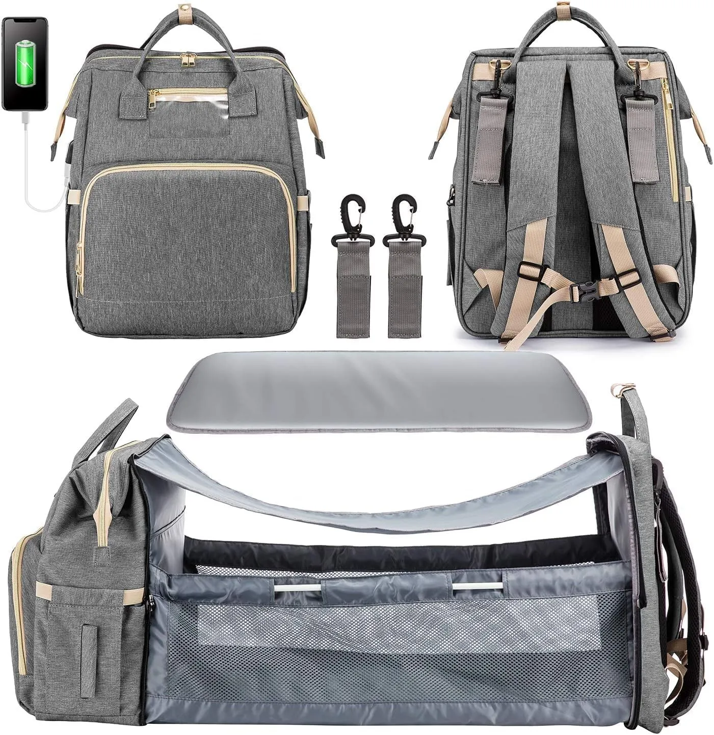 Diaper Bag Backpack with Changing Station, Large Baby Diaper Bag, Multifunctional Travel Diaper Waterproof Backpack for Baby Boy & Girls, Travel Nappy Bag with USB Charging Port, Grey