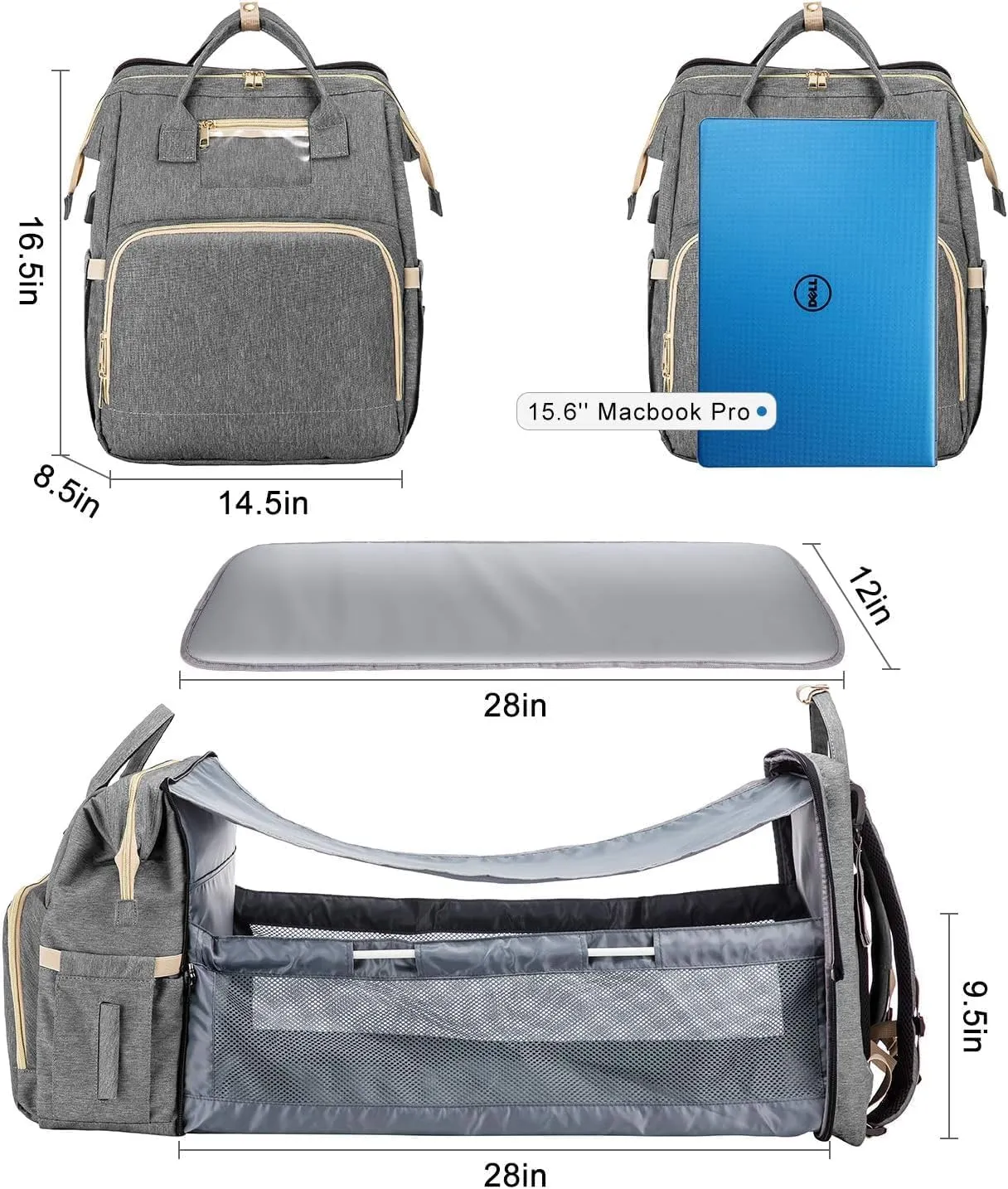 Diaper Bag Backpack with Changing Station, Large Baby Diaper Bag, Multifunctional Travel Diaper Waterproof Backpack for Baby Boy & Girls, Travel Nappy Bag with USB Charging Port, Grey