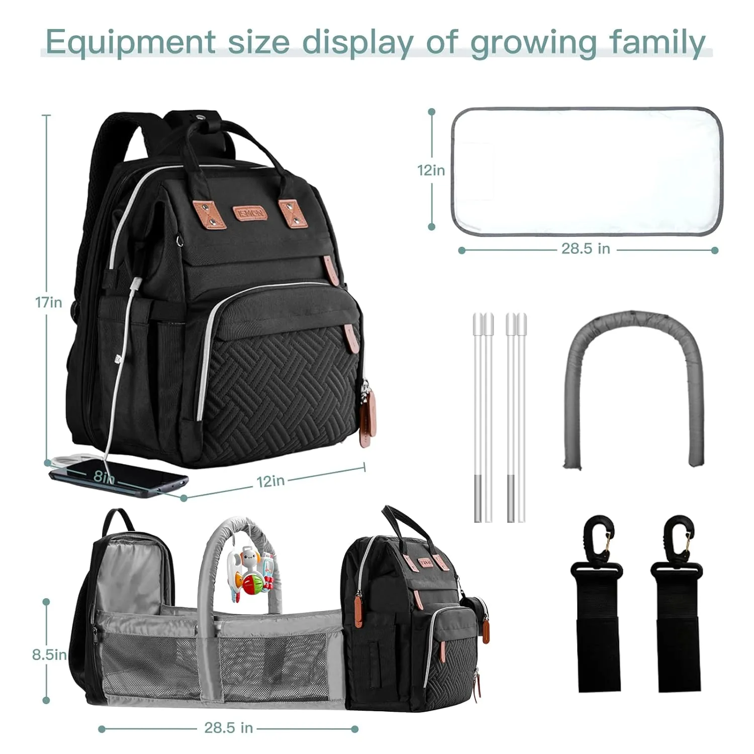Diaper Bag Backpack with Changing Station, Large Diaper Bag, Multifunctional Diaper Bag, Baby Bags, Baby Backpack, Black