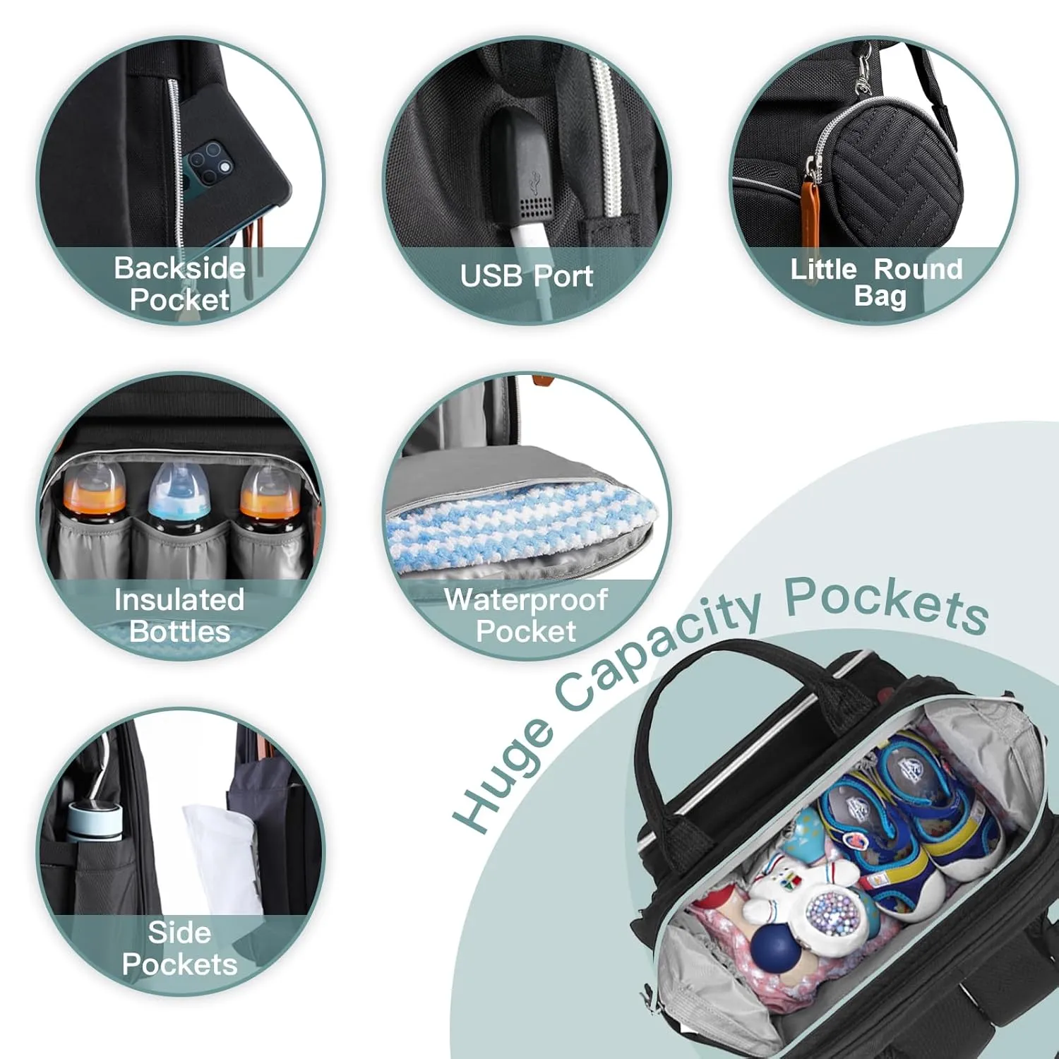 Diaper Bag Backpack with Changing Station, Large Diaper Bag, Multifunctional Diaper Bag, Baby Bags, Baby Backpack, Black